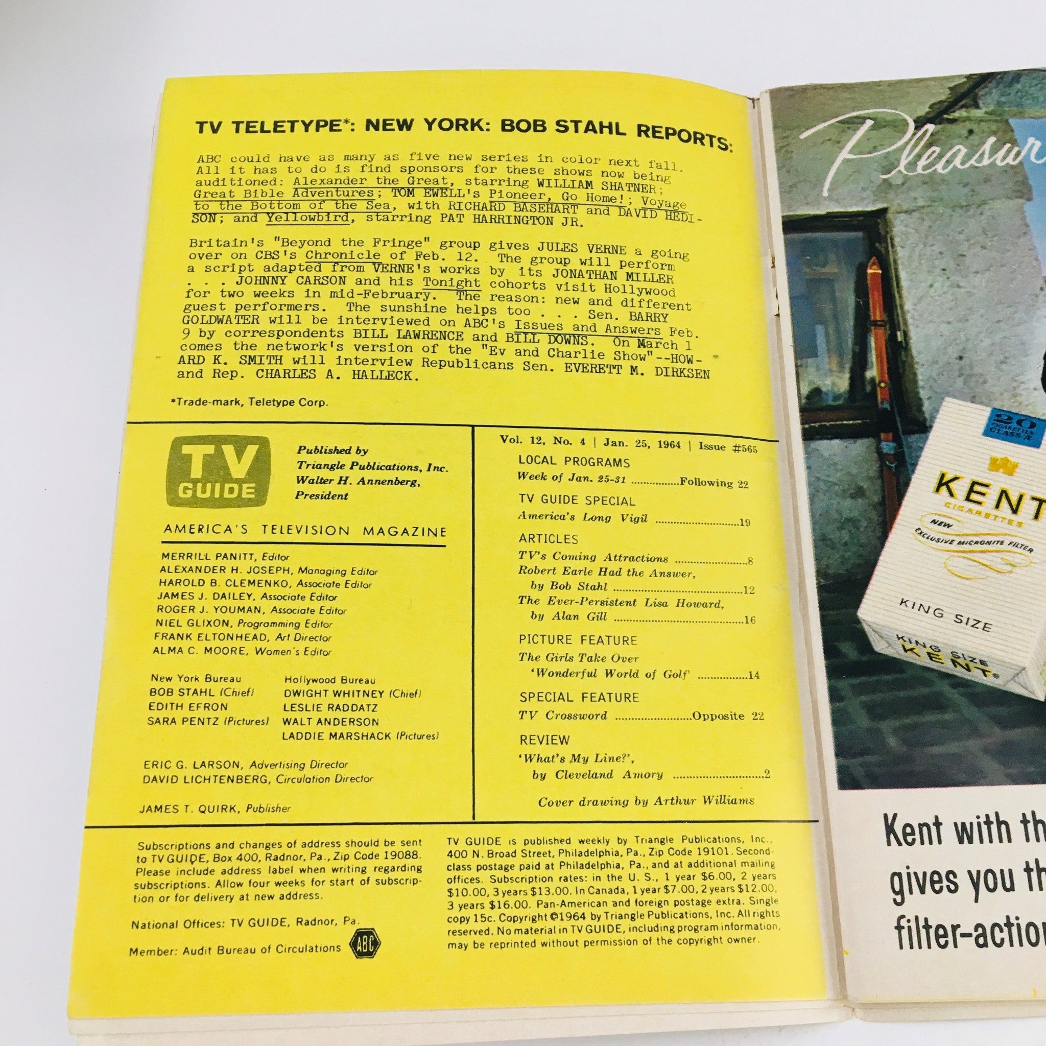 Back cover of TV Guide Magazine January 25 1964 featuring TV Teletype reports with programming details and publication information, showcasing the magazine's role in television history.