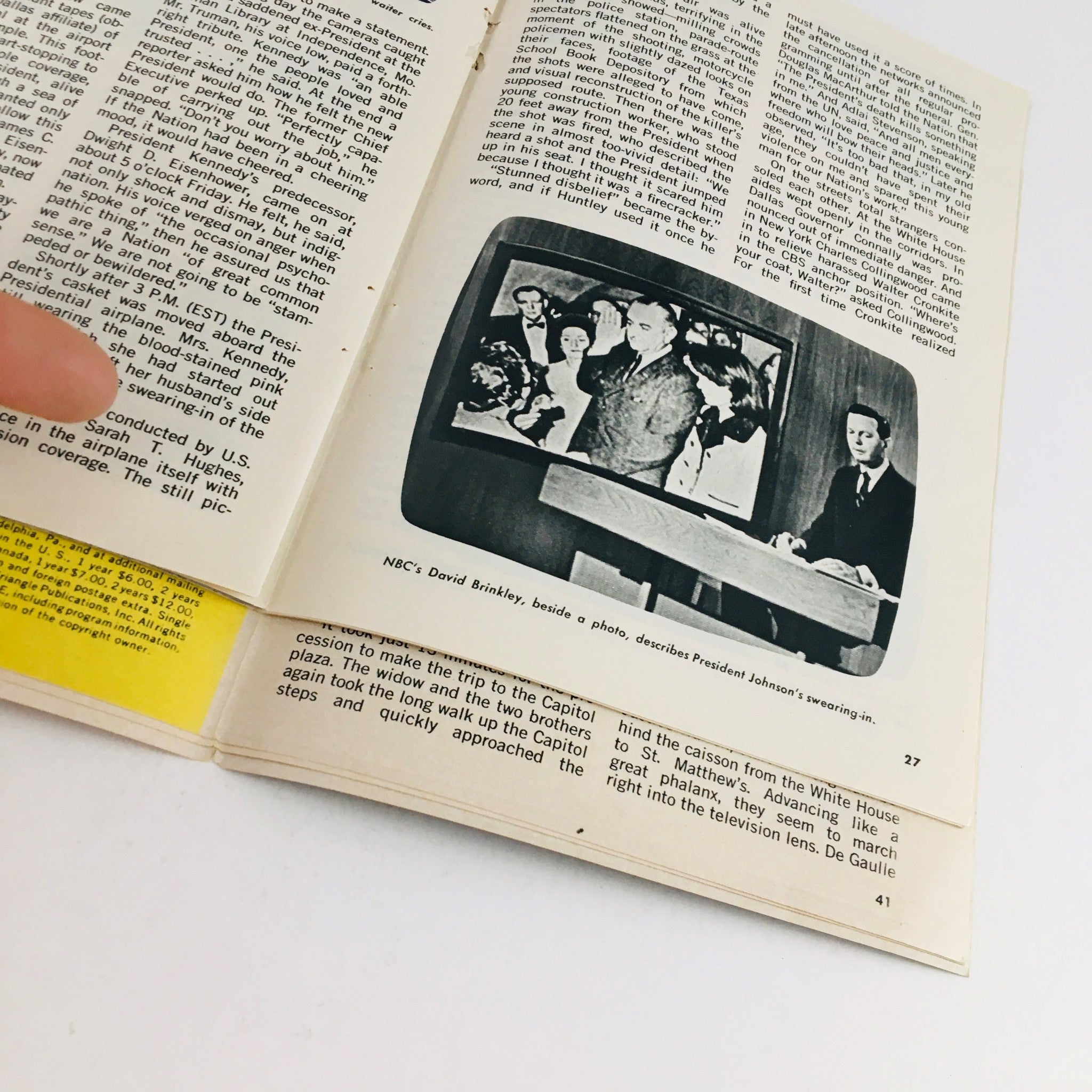 Inside page of TV Guide Magazine January 25, 1964 showing a photograph of NBC's David Brinkley describing President Johnson's swearing-in.