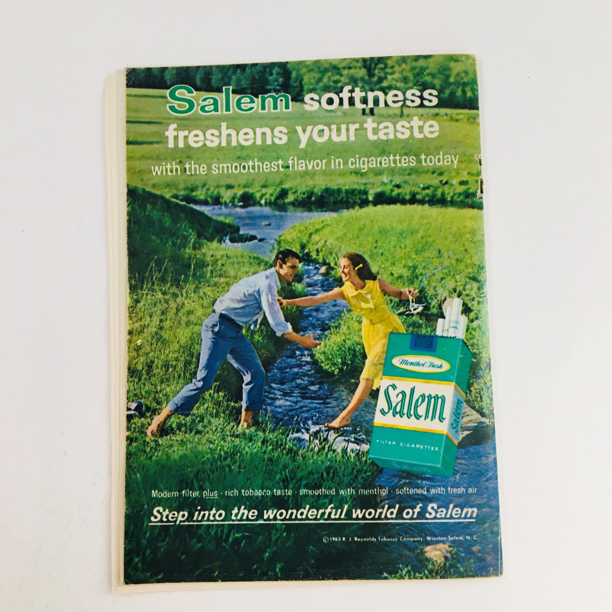 Cover of a vintage Salem cigarette advertisement featuring a man and woman enjoying nature, promoting the brand with the slogan 'Salem softness freshens your taste'.