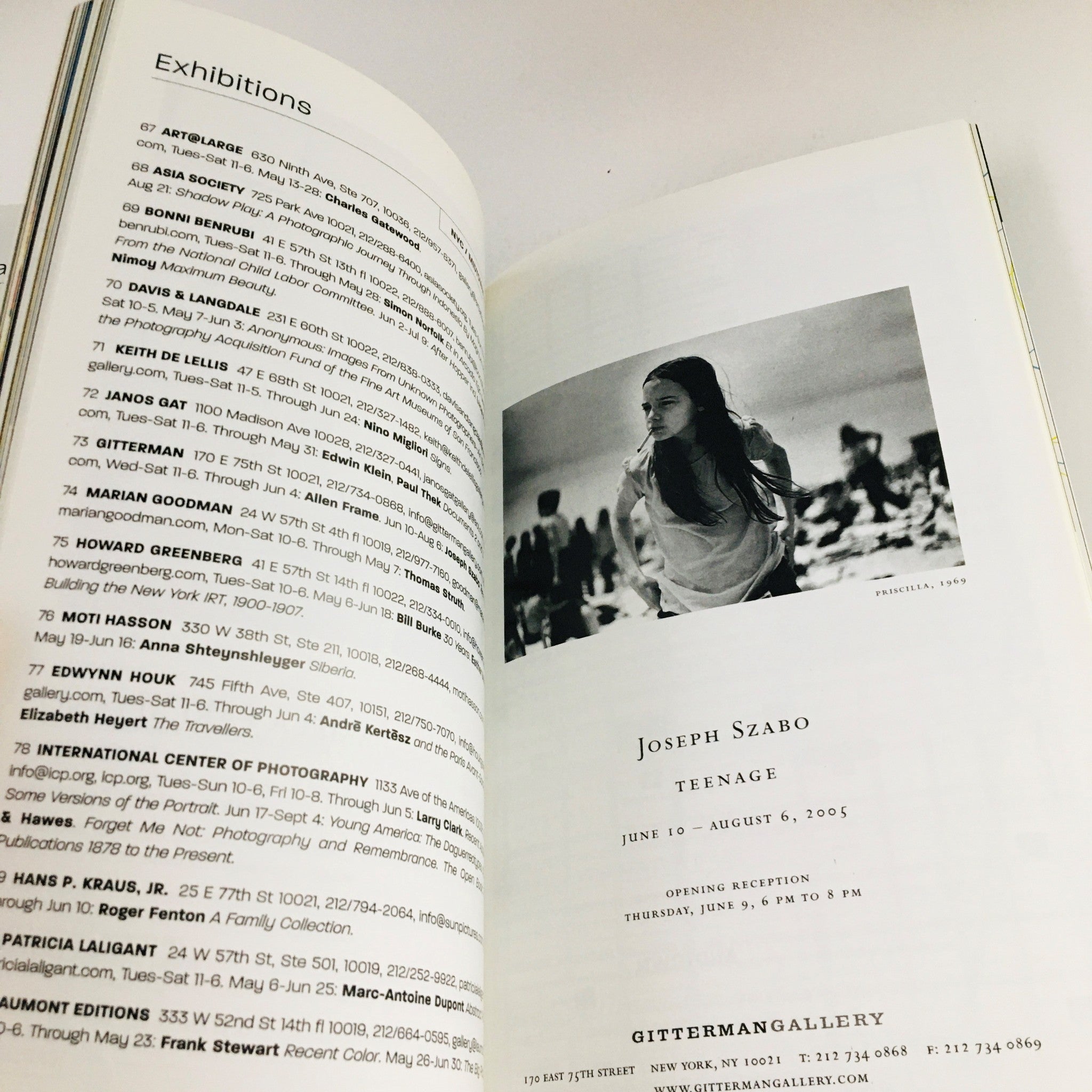 Interior page from Photograph Magazine May 2005 showcasing exhibitions including Joseph Szabo's 'Teenage' display at Gitterman Gallery.