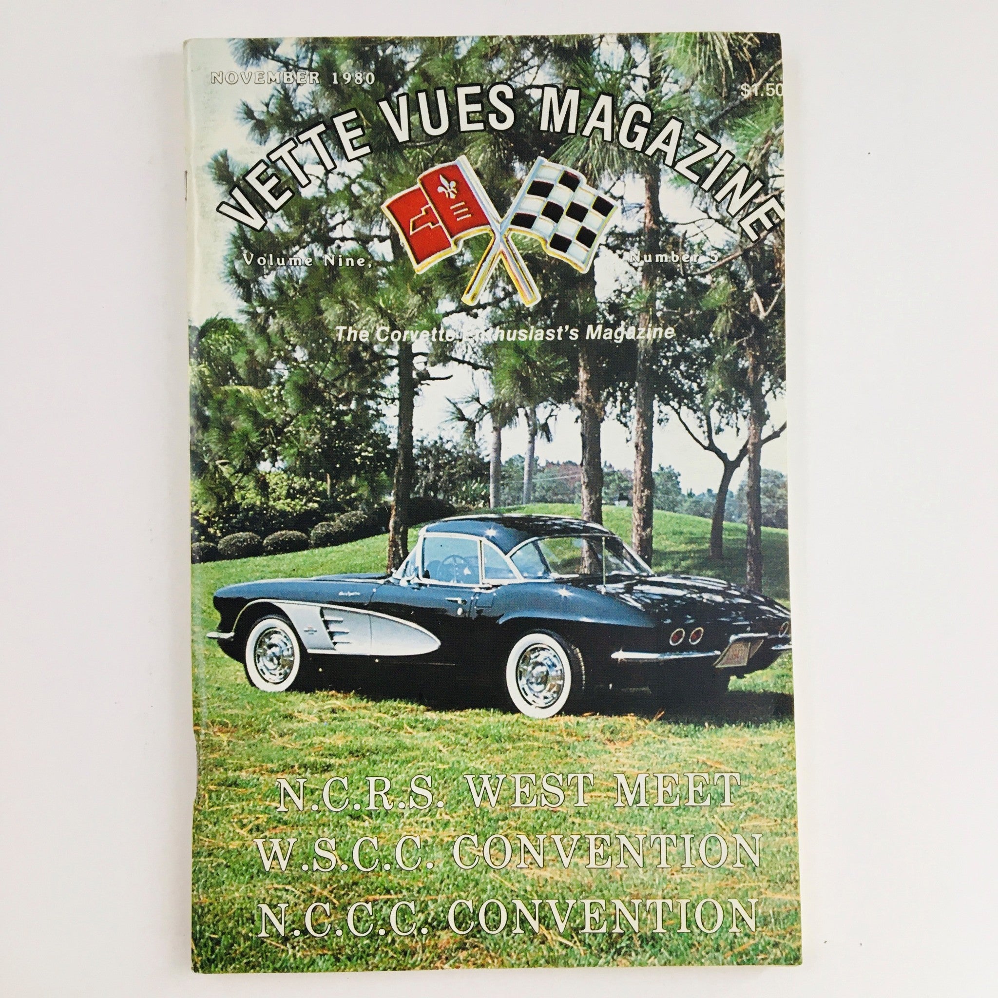 Cover of Vette Vues Magazine November 1980 Vol 9 #5 featuring a classic Corvette parked on a lush green lawn, highlighting the NCRS West Meet and WSCC Convention events.