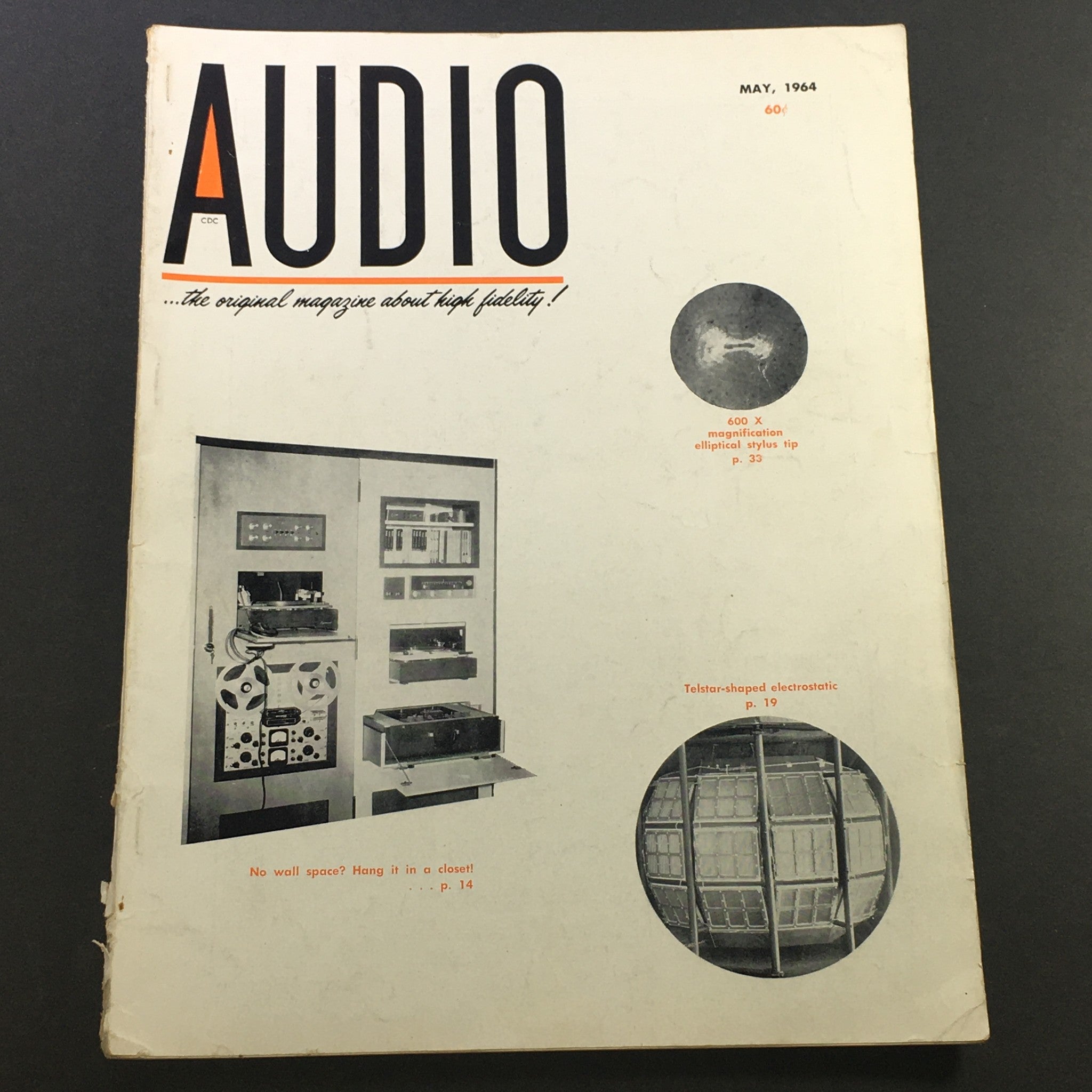 VTG Audio and Music Magazine May 1964 featuring a cover with bold graphics, showcasing audio equipment and a Telstar-shaped electrostatic design, ideal for collectors and vintage magazine enthusiasts.
