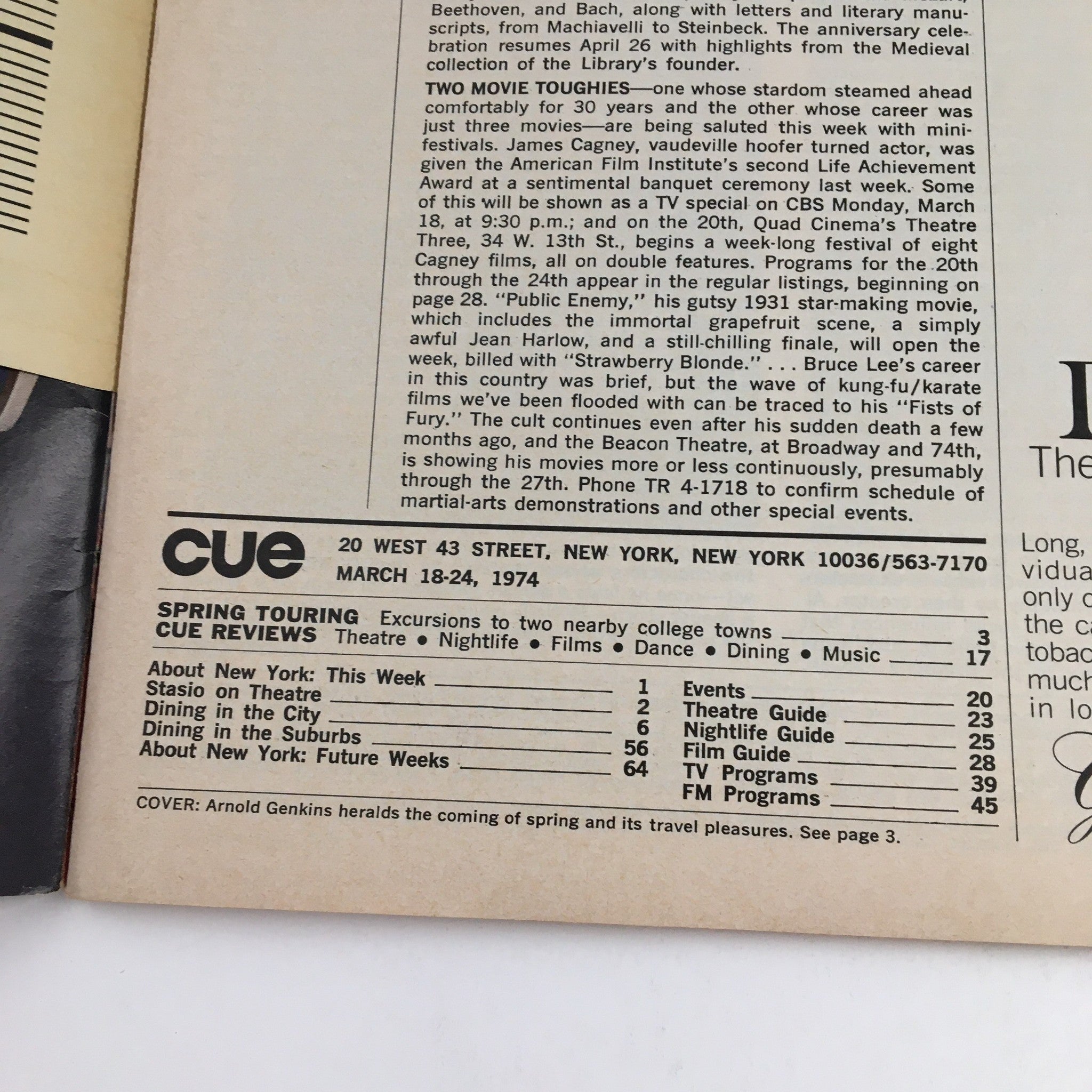 Cue Magazine March 18 1974 Springtime Touring & Stasio on Theatre, No Label