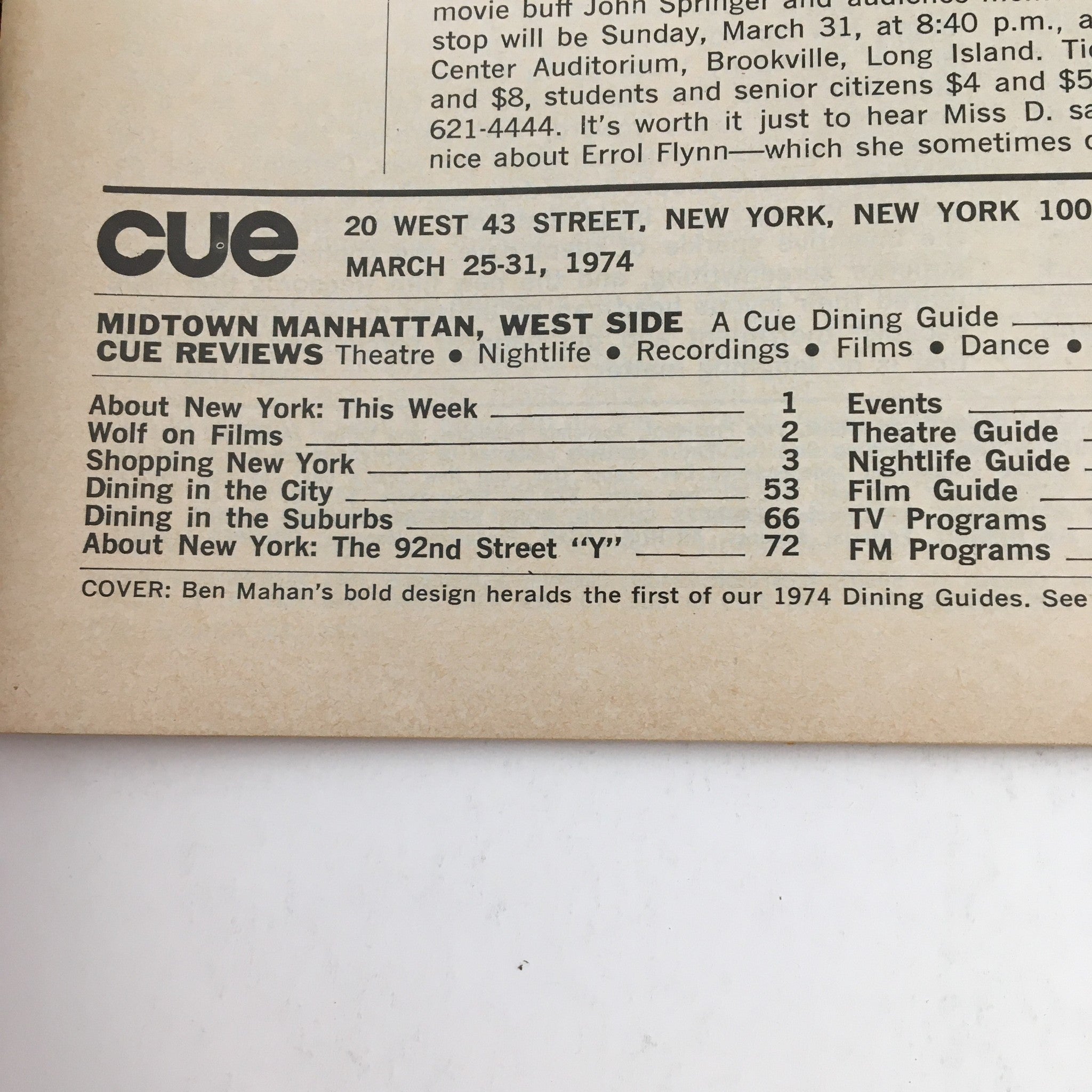 Cue Magazine March 25 1974 Dining in West Side Manhattan, No Label