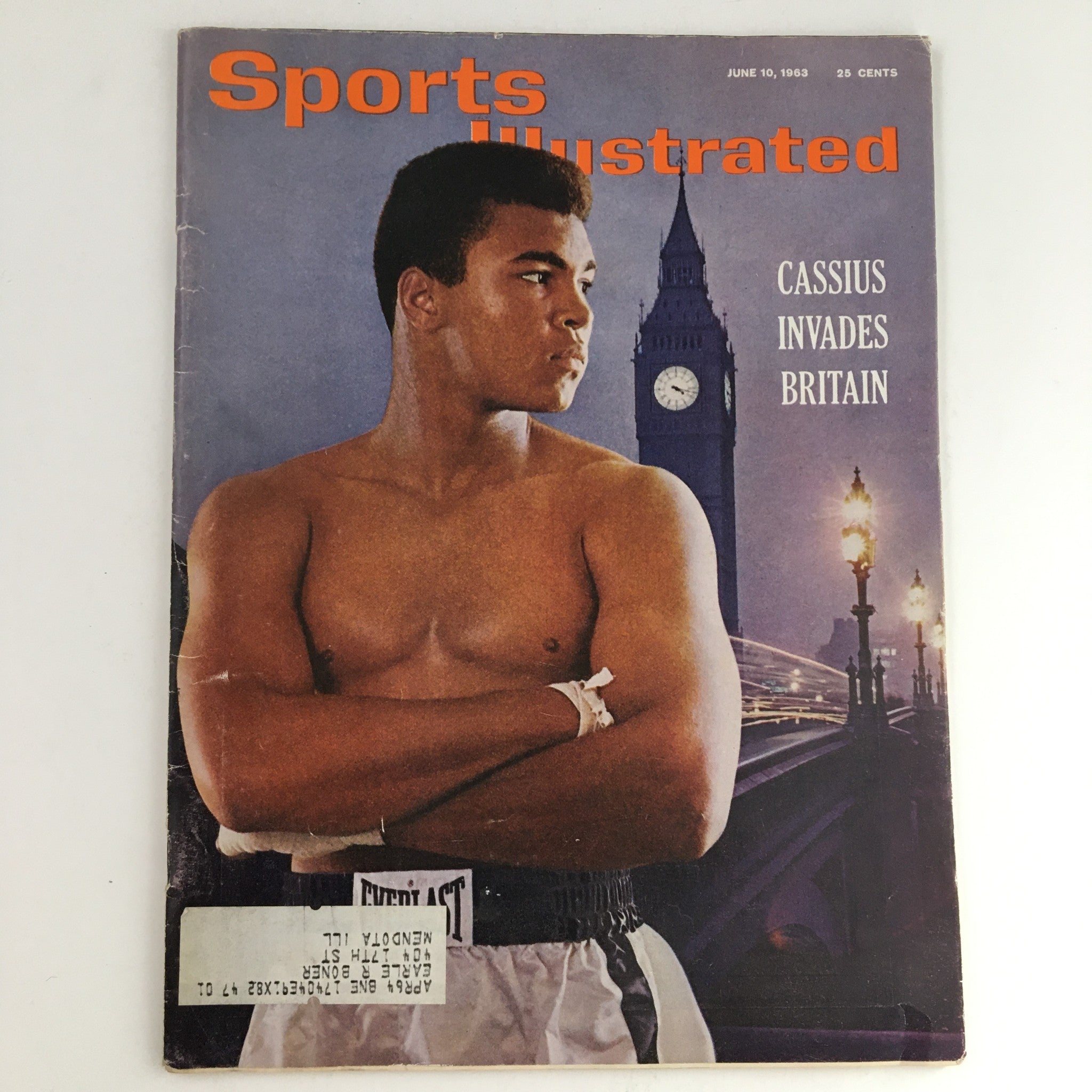 Sports Illustrated Magazine June 10 1963 cover featuring Muhammad 'Cassius' Ali with Big Ben in the background, celebrating his iconic invasion of Britain.