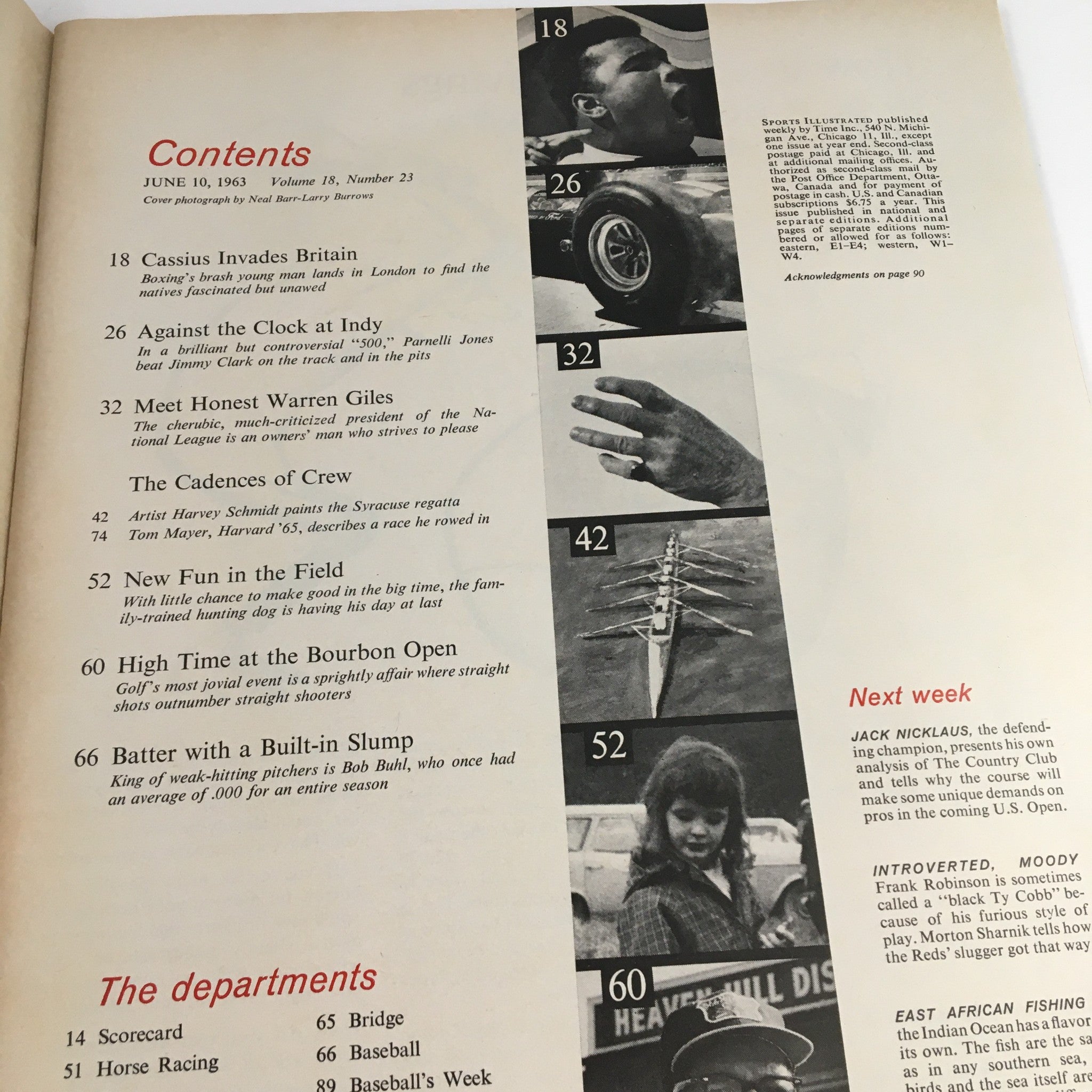 Contents page of Sports Illustrated Magazine June 10 1963, detailing articles including 'Cassius Invades Britain' and featuring a photograph of Muhammad Ali.