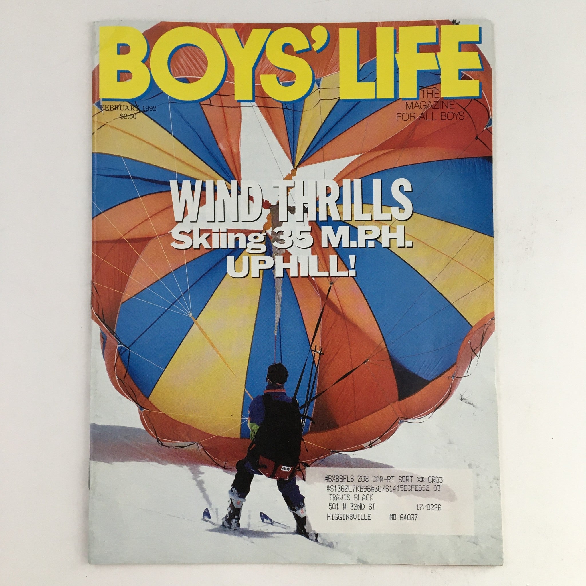 Boys' Life Magazine February 1992 Wind Thrills Skiing 35 M.P.H. Uphill VG