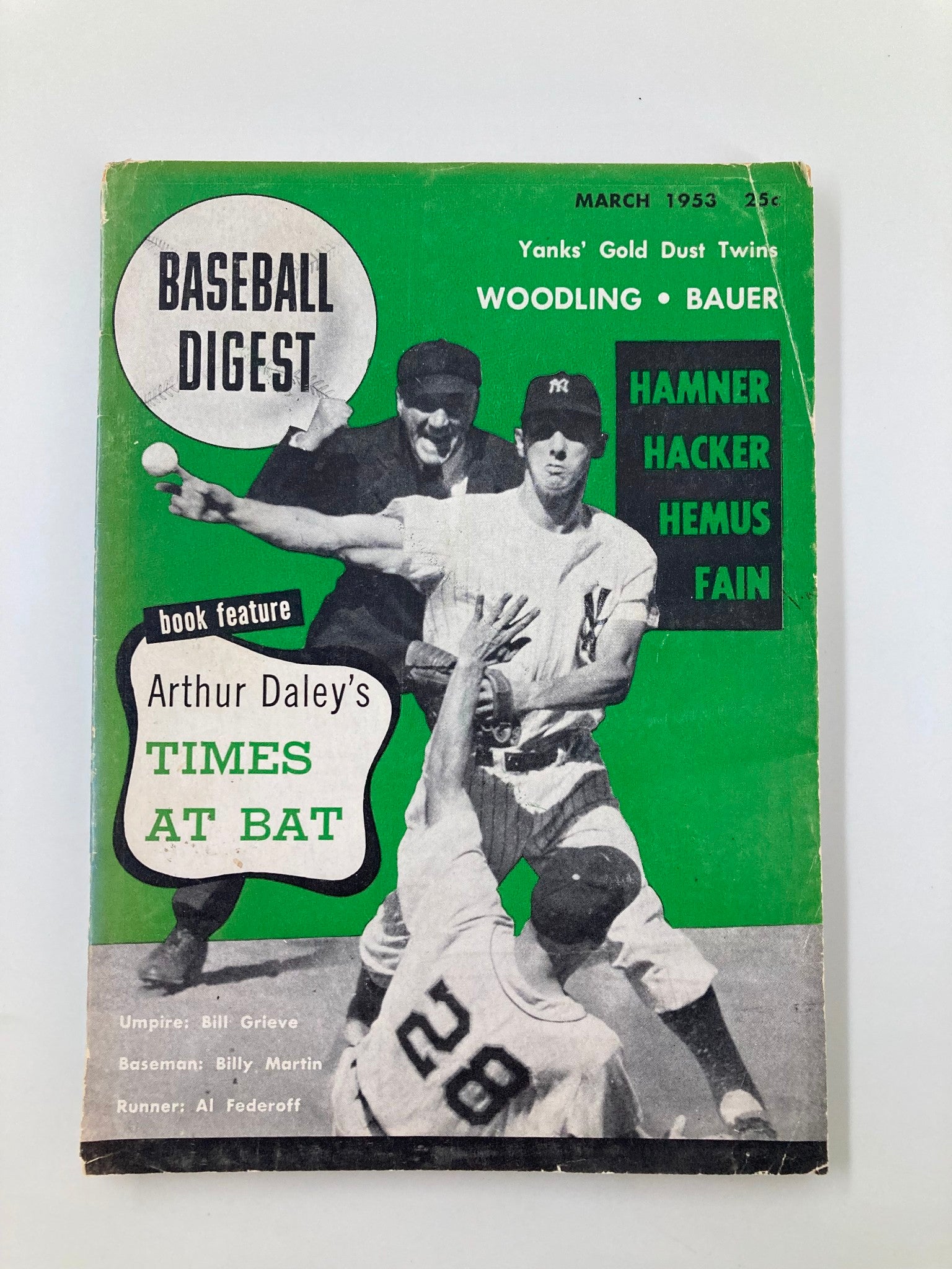 Vintage Baseball Digest March 1953 cover featuring umpire Bill Grieve, baseman Billy Martin, and runner Al Federoff during a baseball play.