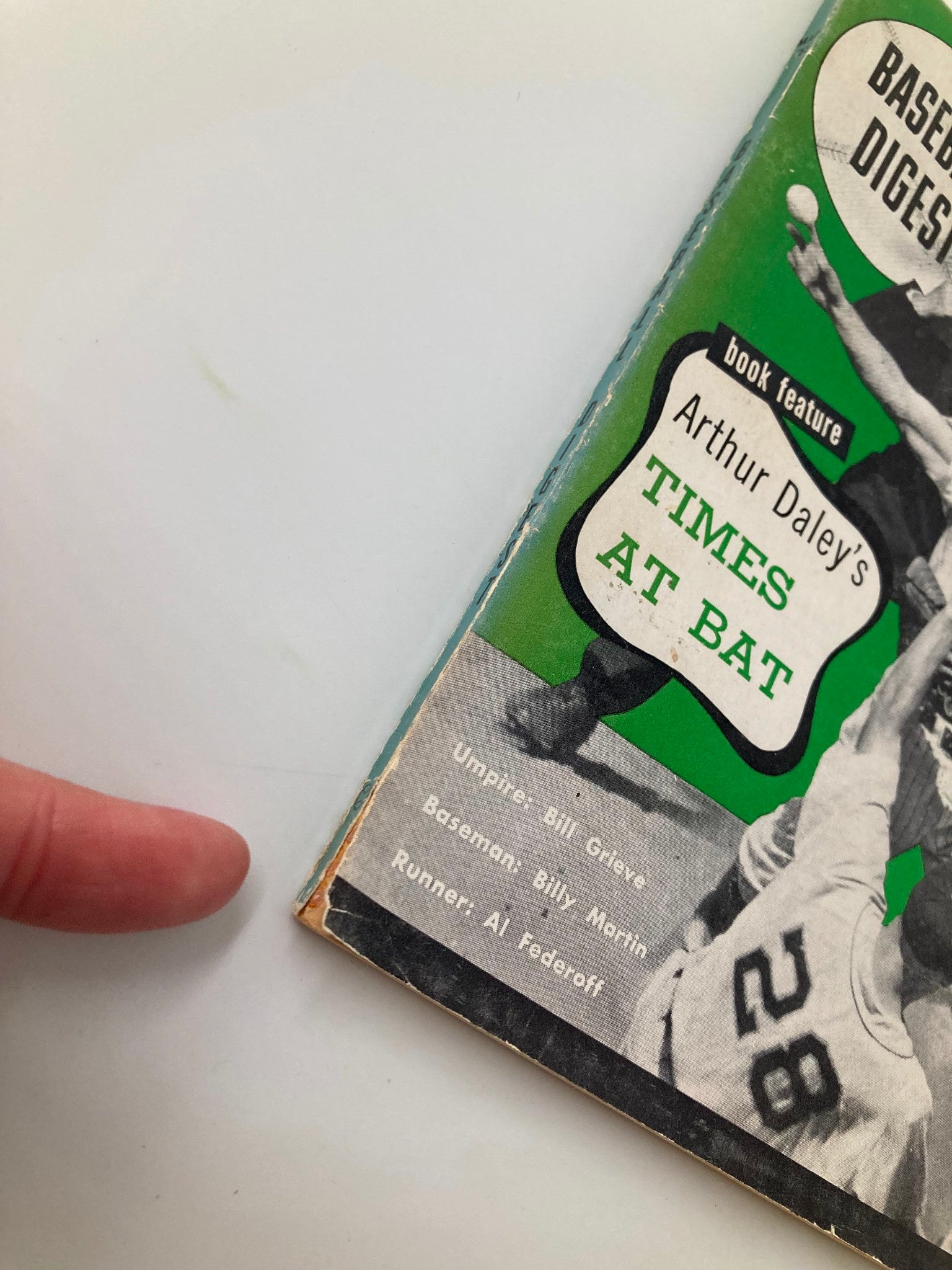 Another angle of the Vintage Baseball Digest March 1953 cover featuring game statistics and player roles associated with the depicted baseball play.