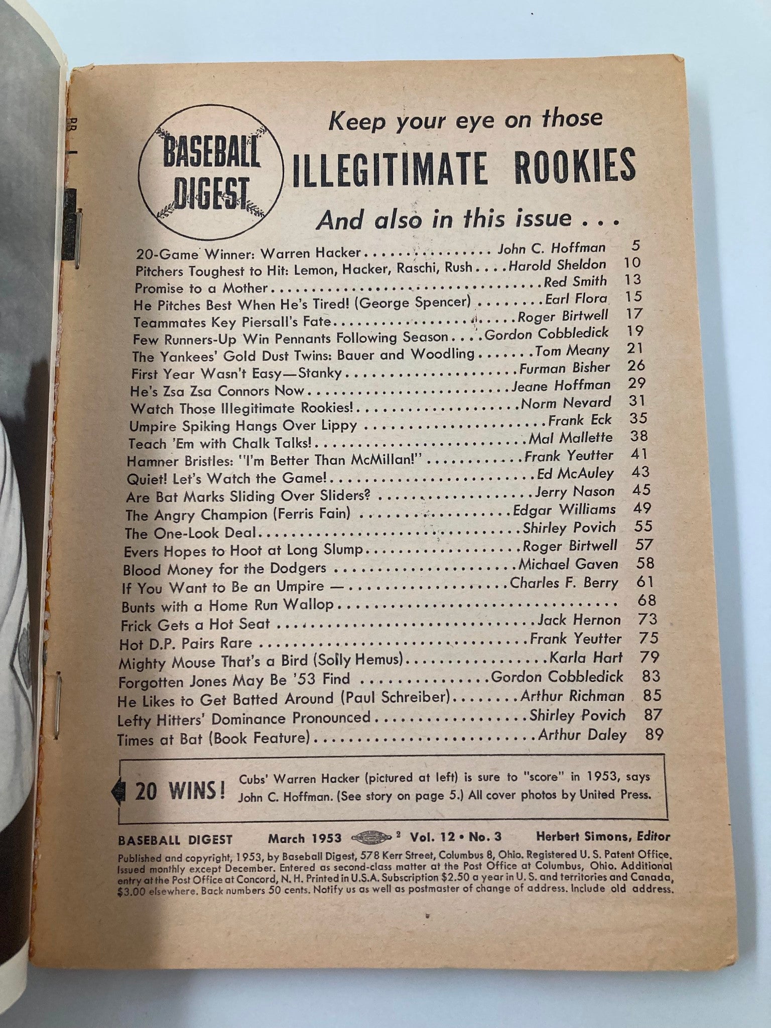 Inside page of Vintage Baseball Digest March 1953 listing articles and features, reflecting on the baseball topics covered in this issue.