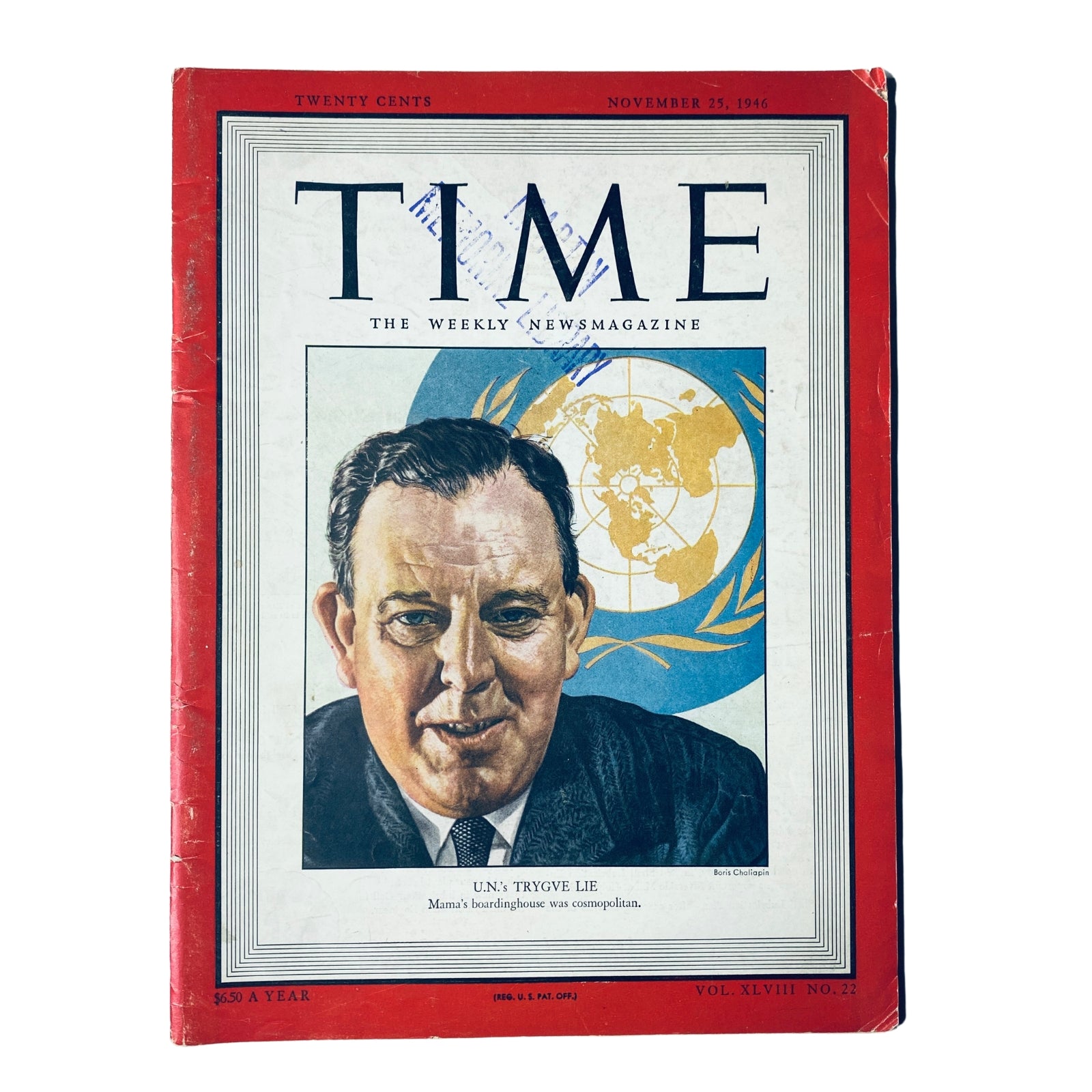 Time Magazine cover from November 25, 1946, Vol. 48 No. 22 featuring U.N. Secretary-General Trygve Lie. The cover showcases a portrait of Trygve Lie with the U.N. emblem in the background.