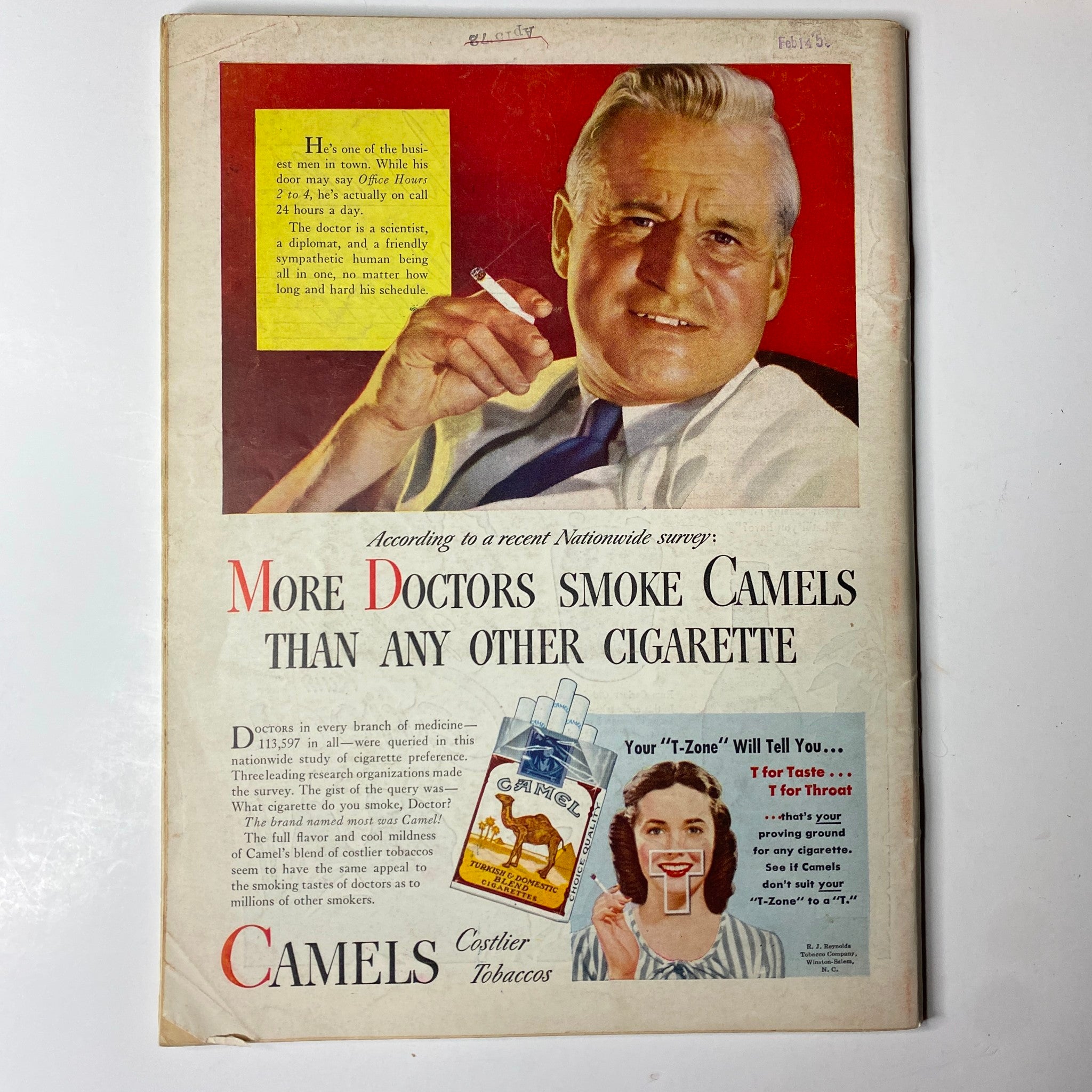 Vintage advertisement from a magazine with a smiling man in a white coat holding a cigarette. The ad promotes Camel cigarettes, highlighting a survey stating more doctors smoke Camels than any other cigarette.