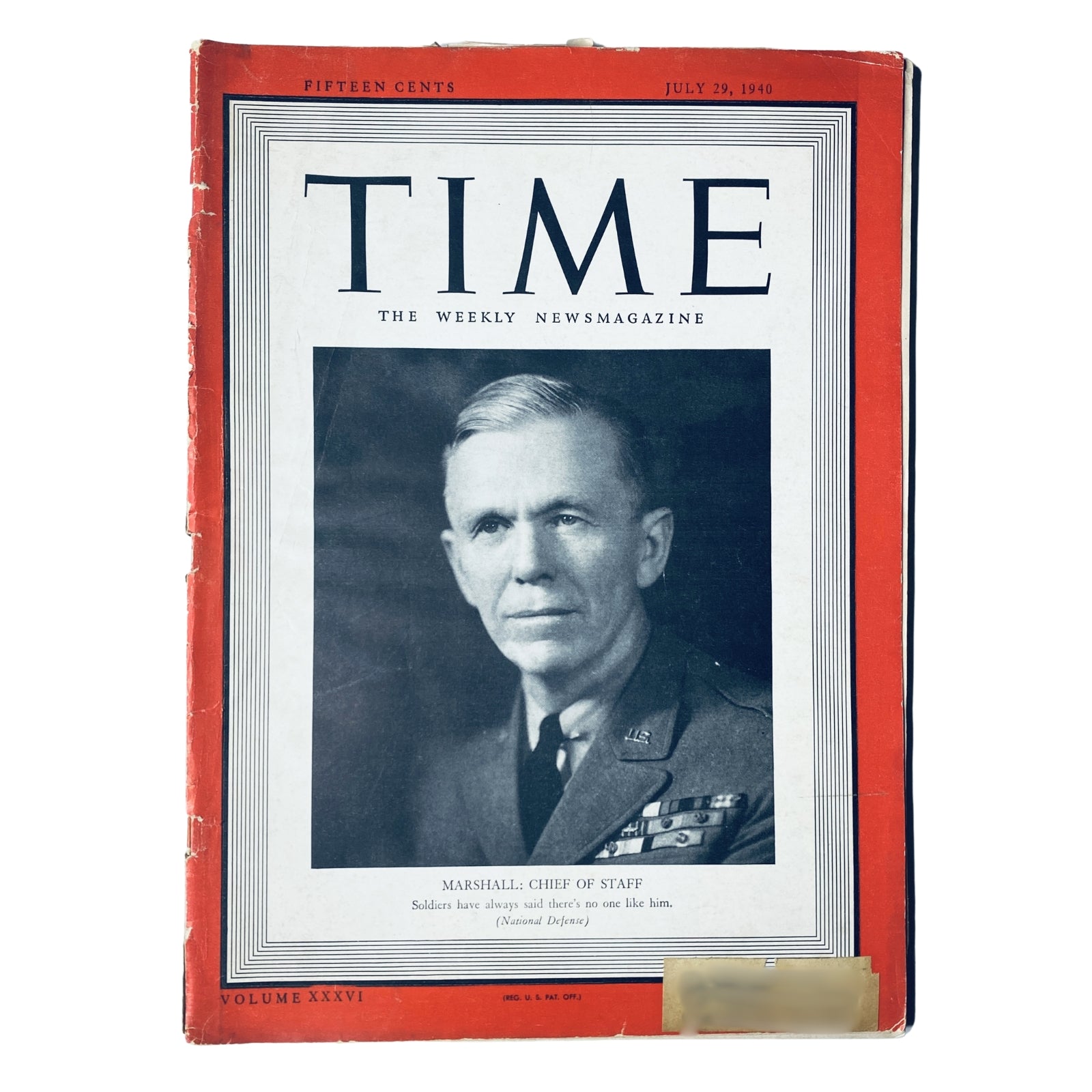 Time Magazine cover from July 29, 1940, Vol 36, No. 5, featuring General George C. Marshall, U.S. Army Chief of Staff, with a black and white portrait, showcasing his military rank and significance during World War II.