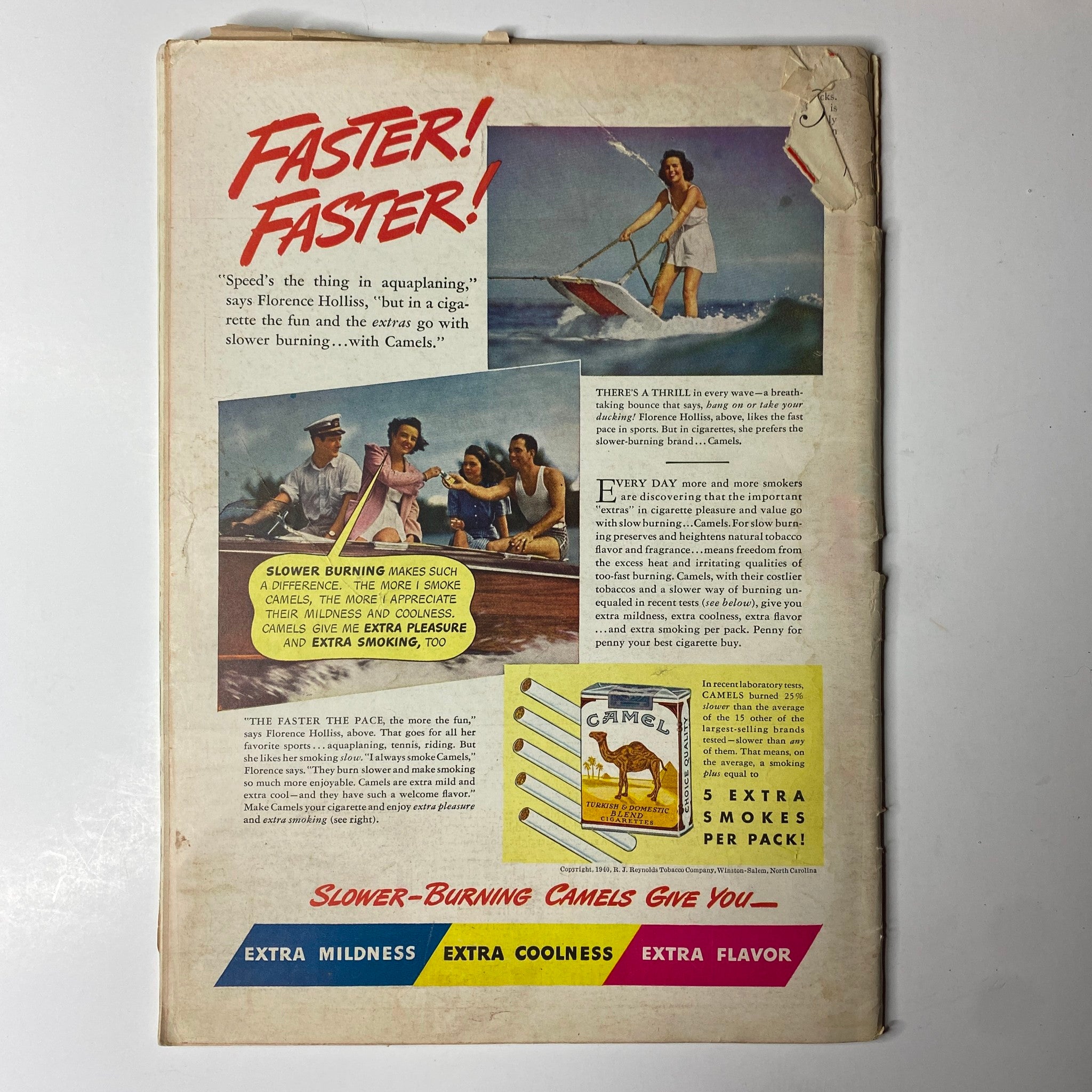Back cover of Time Magazine from July 29, 1940, Vol 36, No. 5, featuring an advertisement for Camel cigarettes, promoting their qualities of extra mildness and cooler smoking, illustrated with a vibrant image of people enjoying water sports.
