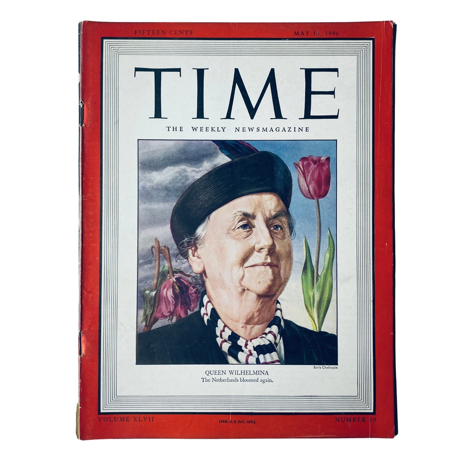 Time Magazine dated May 13, 1946, Vol. 47 No. 19 featuring Queen Wilhelmina of the Netherlands, depicting her portrait with tulips in the background. Vintage magazine cover without mailing label.