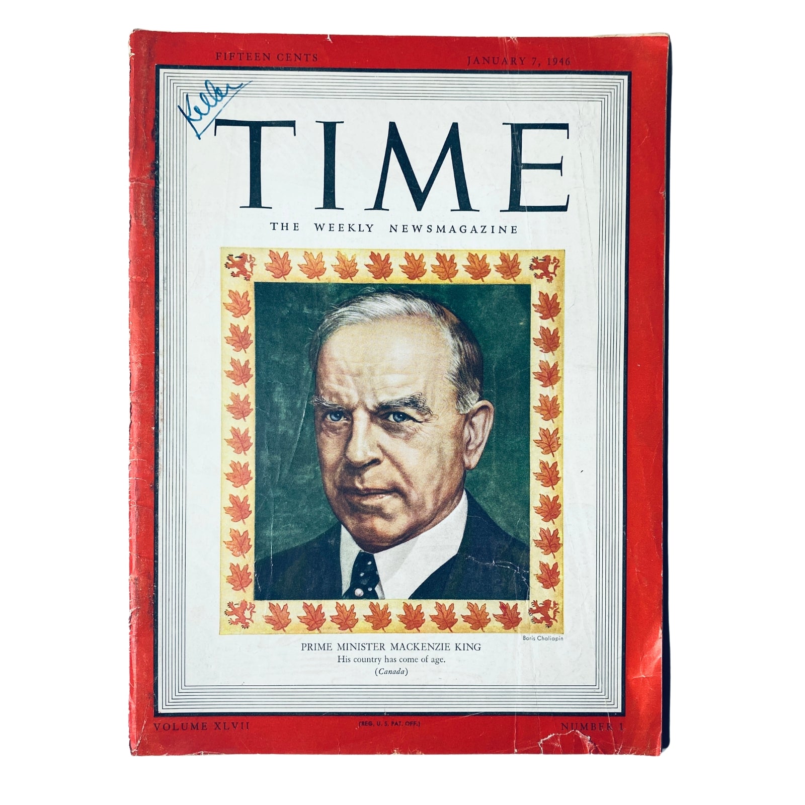 Time Magazine cover from January 7, 1946, featuring Prime Minister William Lyon Mackenzie King, marked with a blue signature, showcasing a portrait framed by autumn leaves.