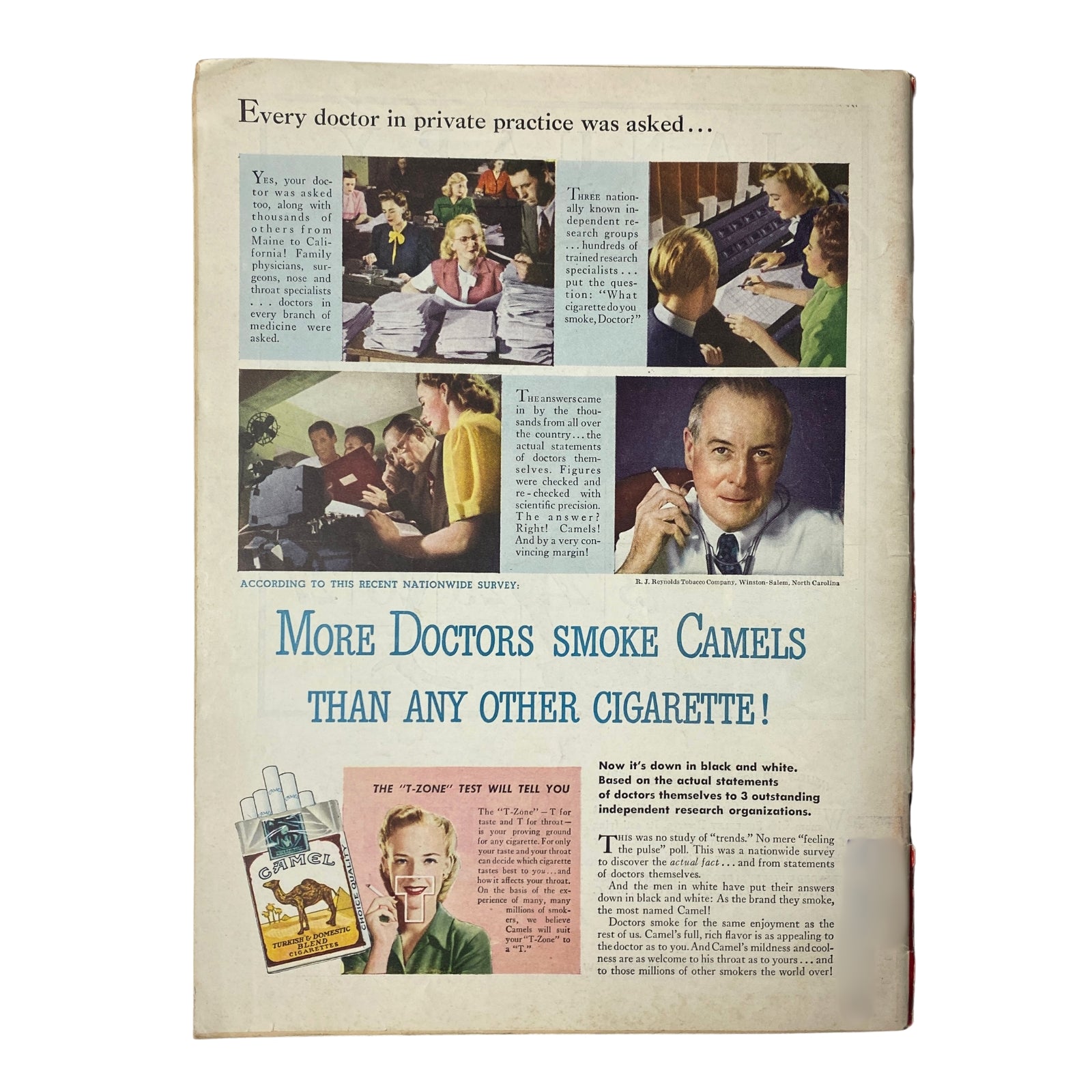Back cover of Time Magazine from January 7, 1946, featuring an advertisement that states 'More Doctors Smoke Camels than Any Other Cigarette!', accompanied by images of doctors and vintage cigarette branding.