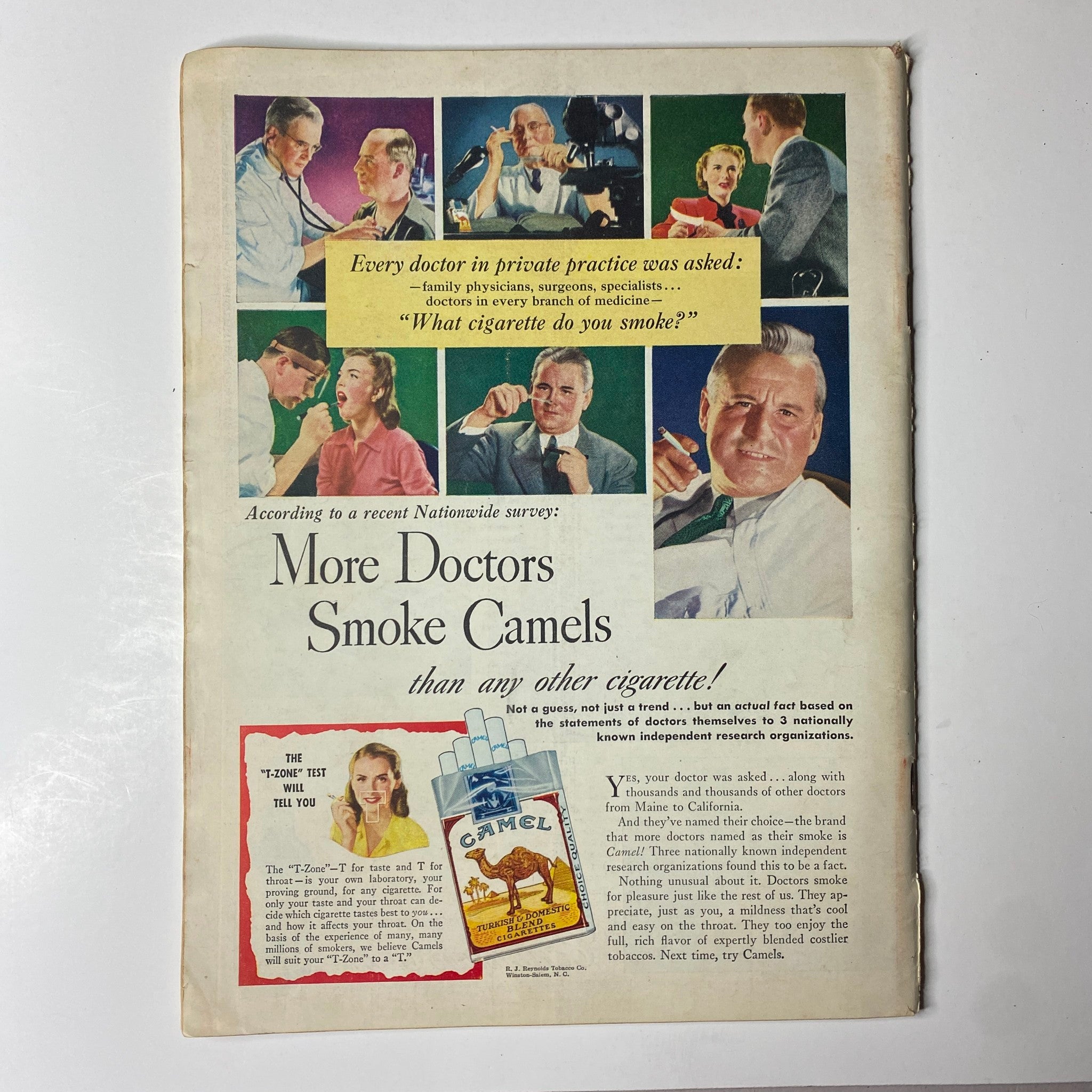 Back cover advertisement for Camel cigarettes, presenting a survey claiming more doctors smoke Camels than any other brand. Includes vintage imagery of doctors and a Camel cigarette pack.