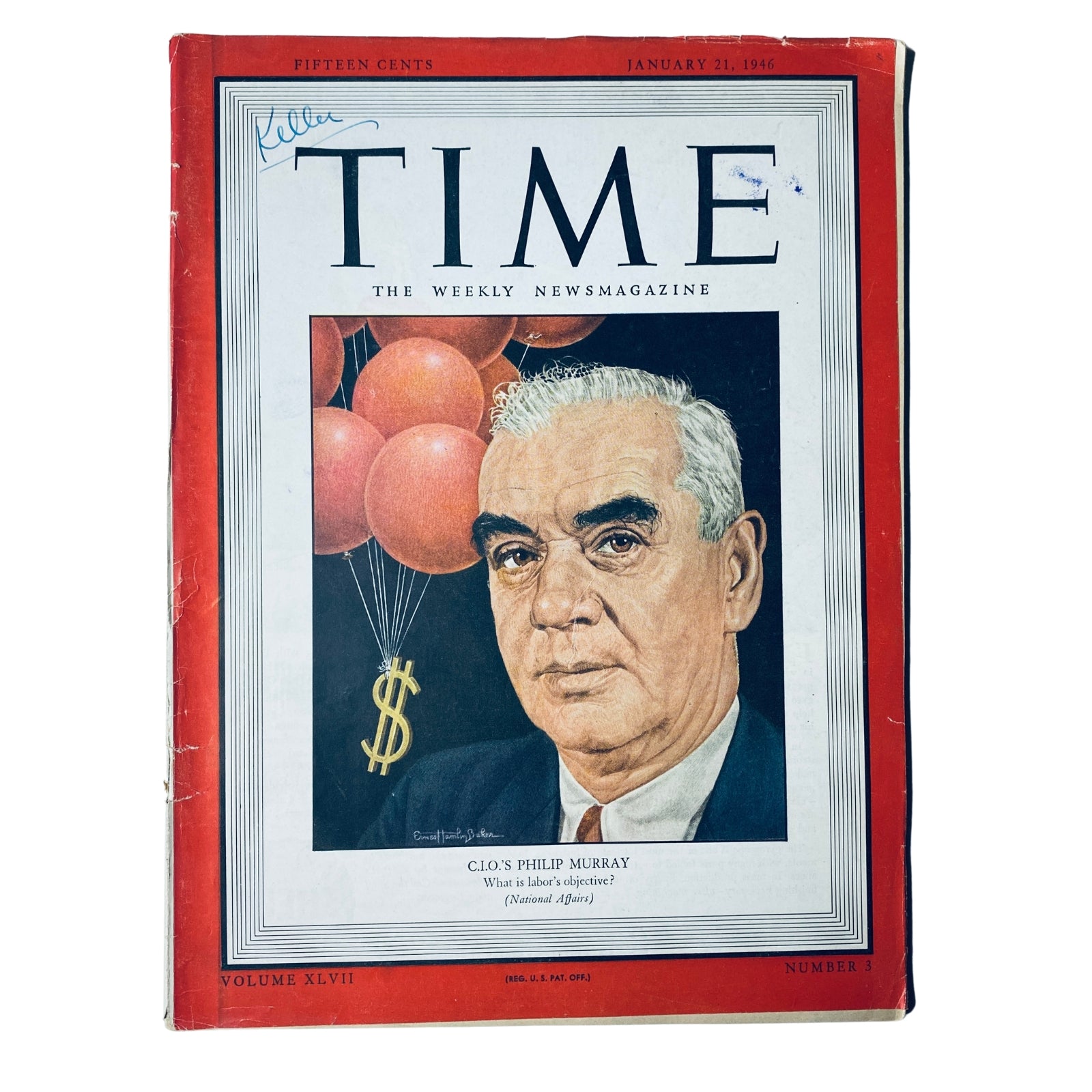 Cover of Time Magazine from January 21, 1946, Vol. 47 No. 3 featuring CIO President Philip Murray with balloons in the background.
