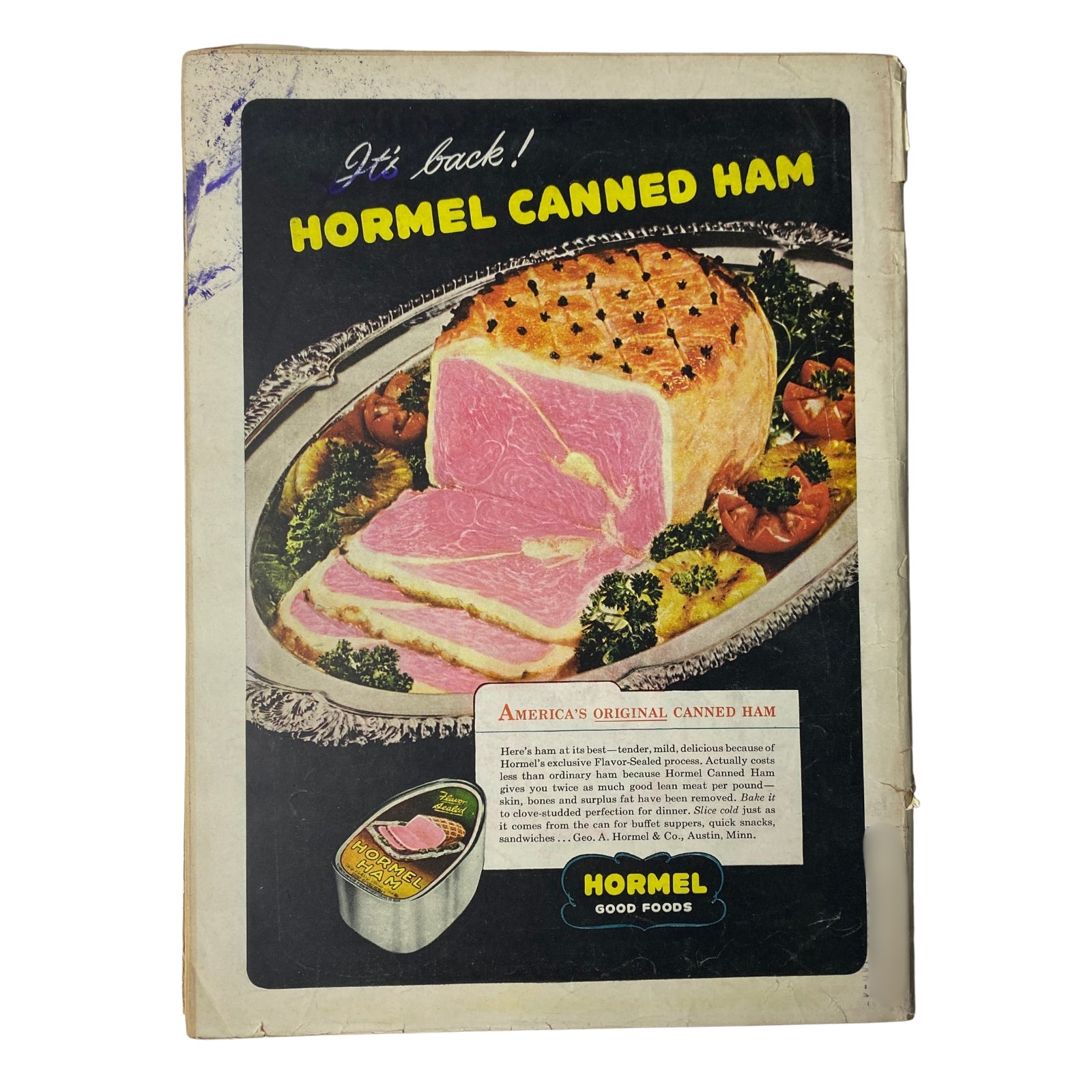 Back cover of Time Magazine January 21, 1946, highlighting an advertisement for Hormel Canned Ham with descriptions and images of the product.