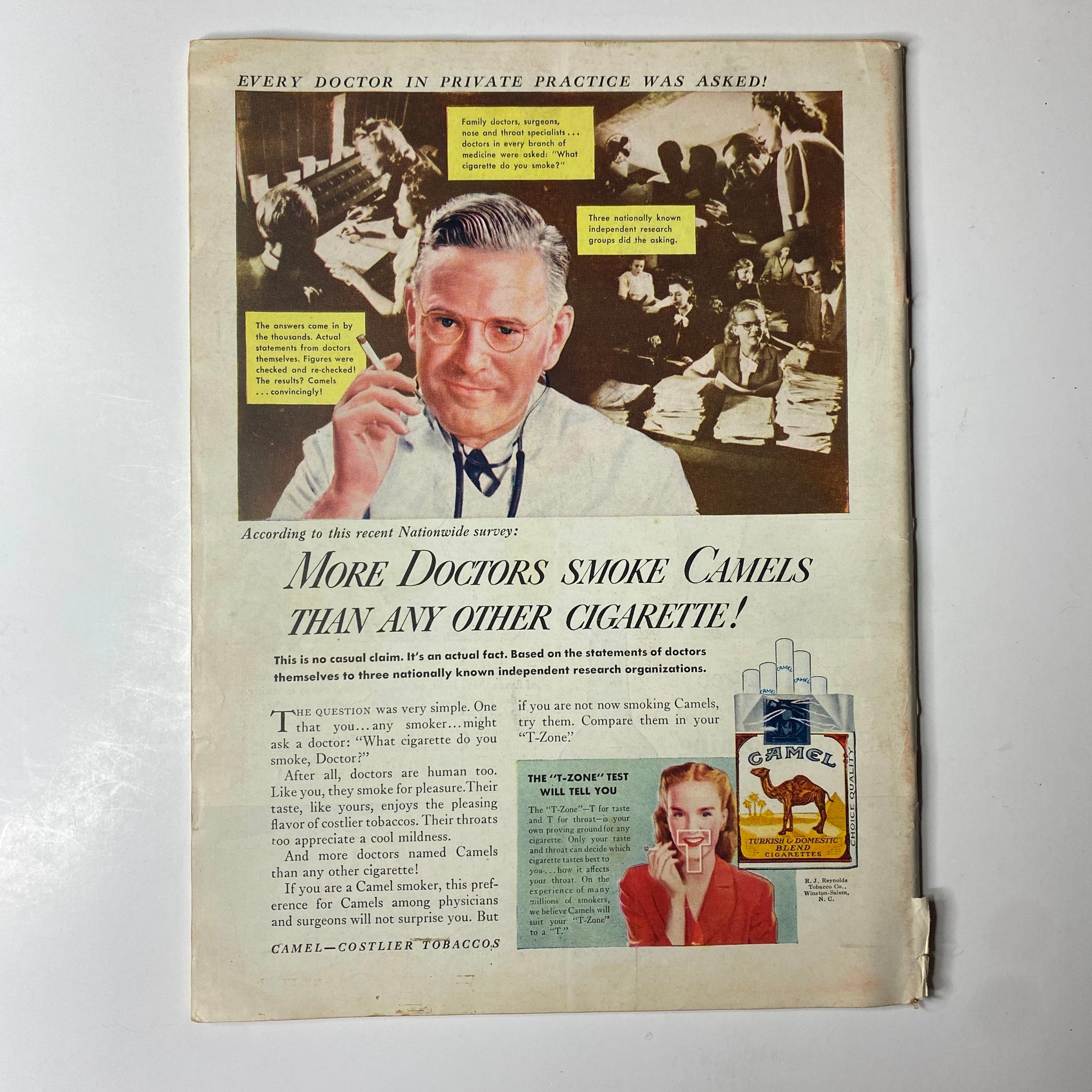 Back cover of Time Magazine February 4, 1946 Vol 47 No. 5 with a vintage advertisement for Camel cigarettes, aimed at highlighting the smoking preferences of doctors.