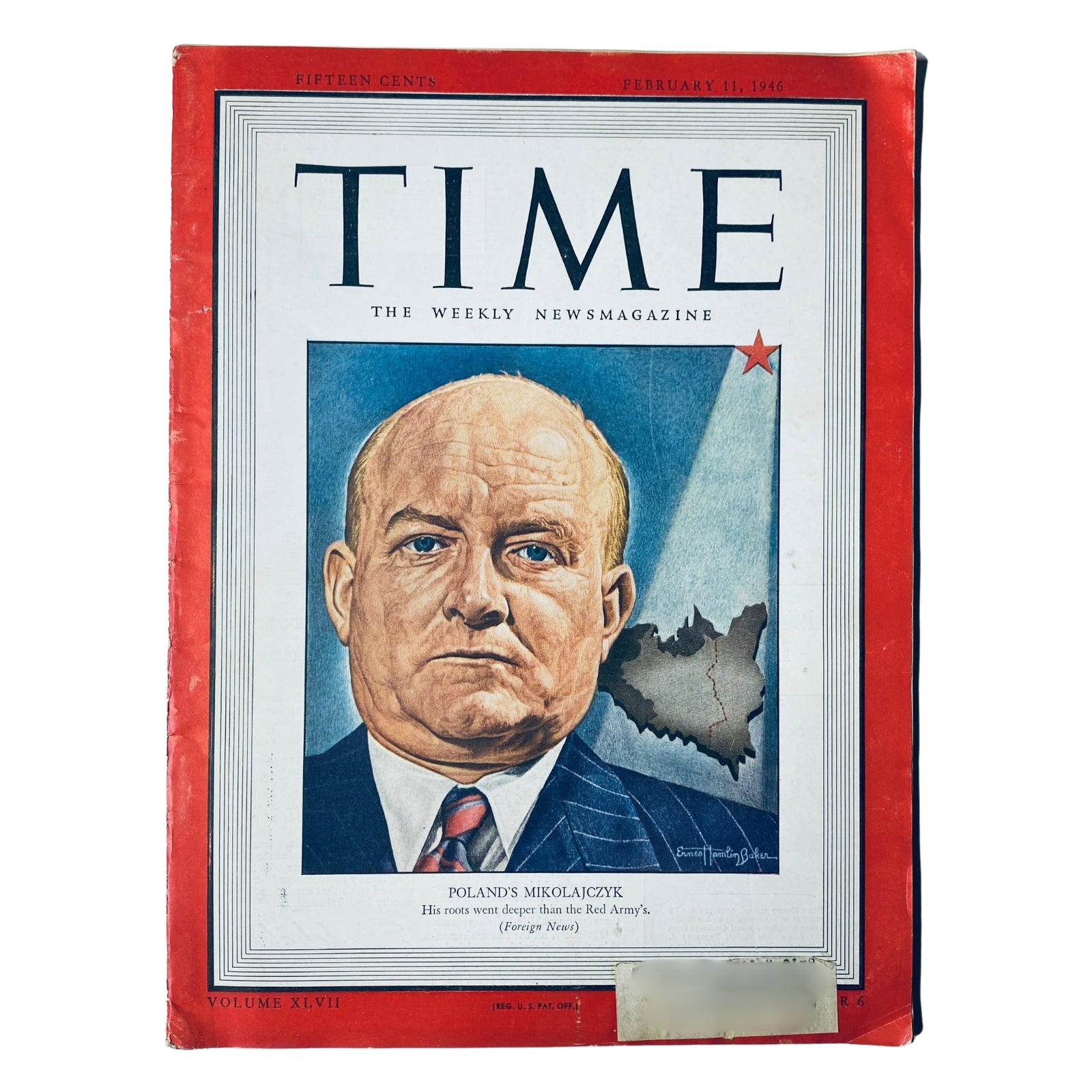 Time Magazine cover from February 11, 1946, Vol 47 No. 6 featuring Poland's Stanislaw Mikolajczyk, depicting an illustration of Mikolajczyk with a map of Poland in the background.