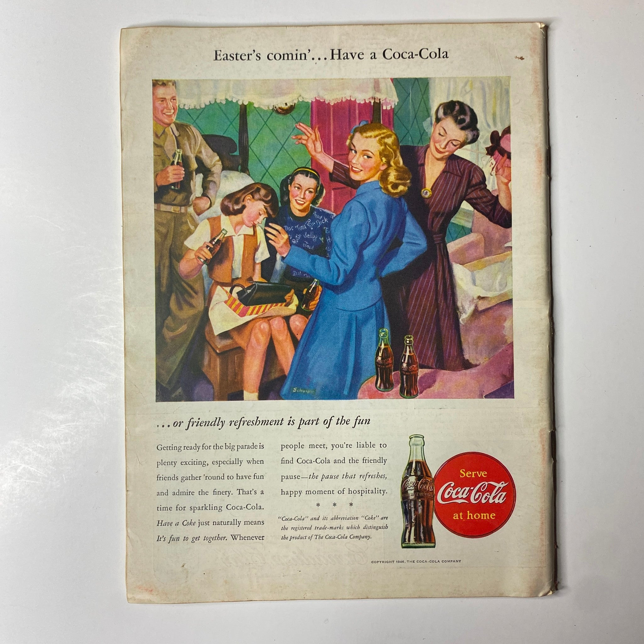 Vintage Coca-Cola advertisement illustration featuring a group of friends enjoying drinks, with a tagline 'Easter's comin'... Have a Coca-Cola'. This charming image promotes social gatherings and hospitality, perfect for collectors of retro advertising and Americana.