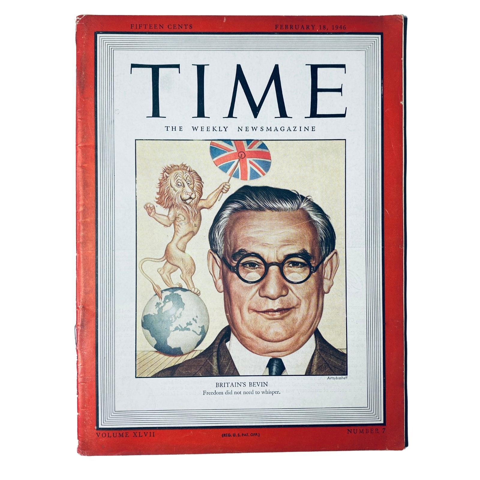 Time Magazine cover from February 18, 1946, Vol. 47 No. 7 featuring Britain's Ernest Bevin, illustrated with a globe and a lion with the Union Jack.