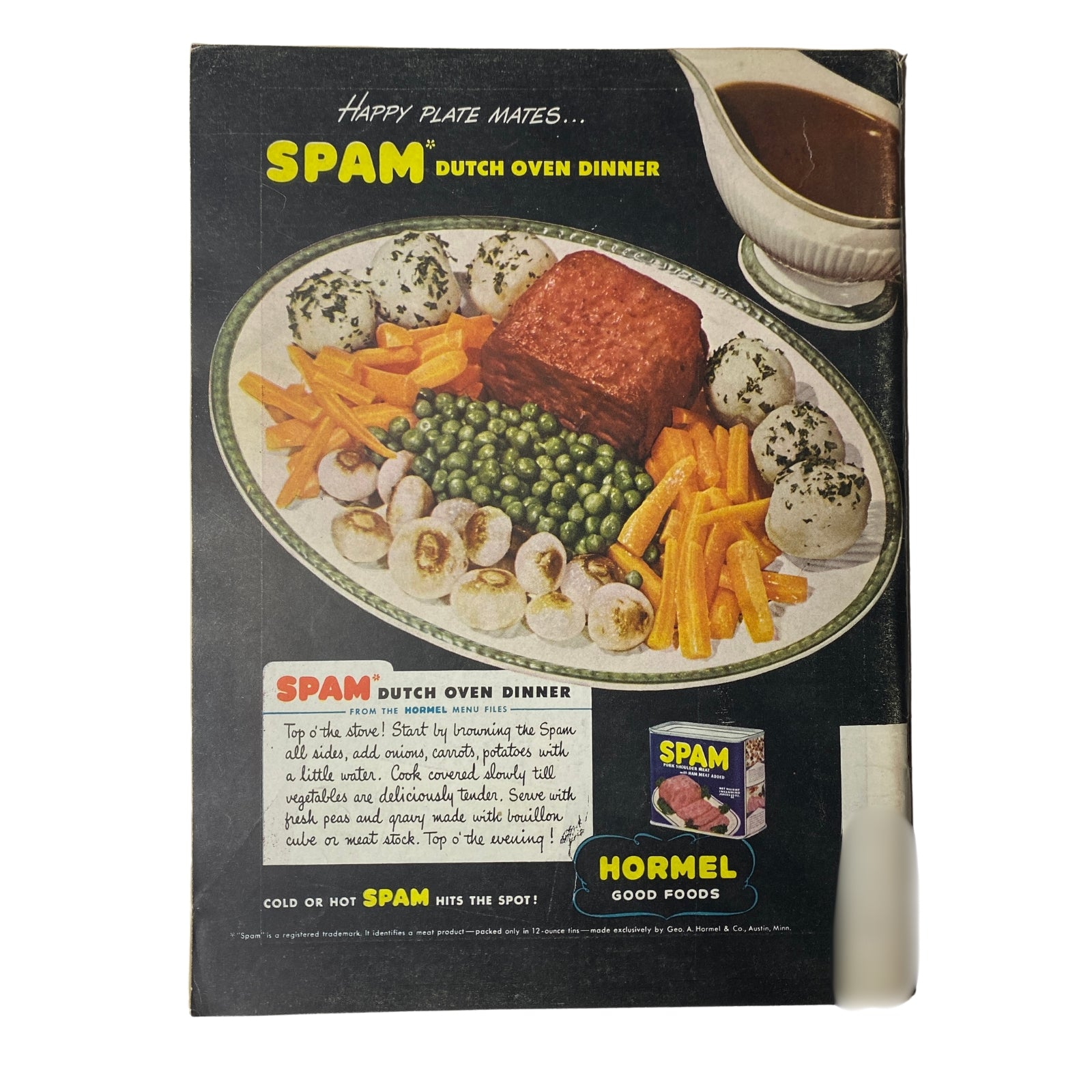 Back cover of a vintage advertisement for Spam Dutch Oven Dinner, highlighting the dish with vegetables and a gravy boat, dated from the mid-20th century.