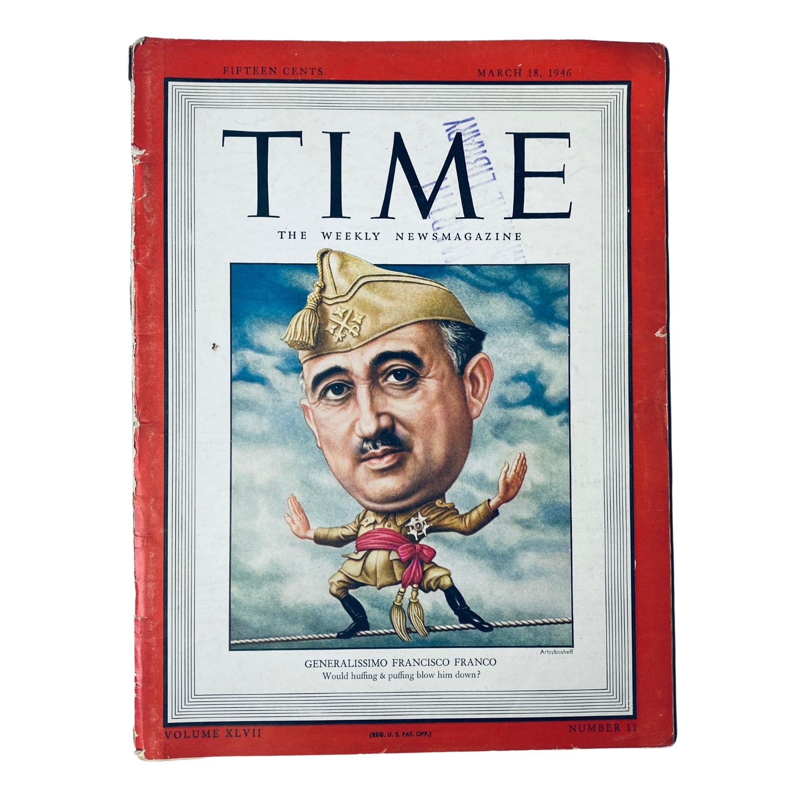 Cover of Time Magazine March 18, 1946, Volume 47, Number 11, featuring a caricature illustration of Generalissimo Francisco Franco, depicting Spain's military dictator of the era.