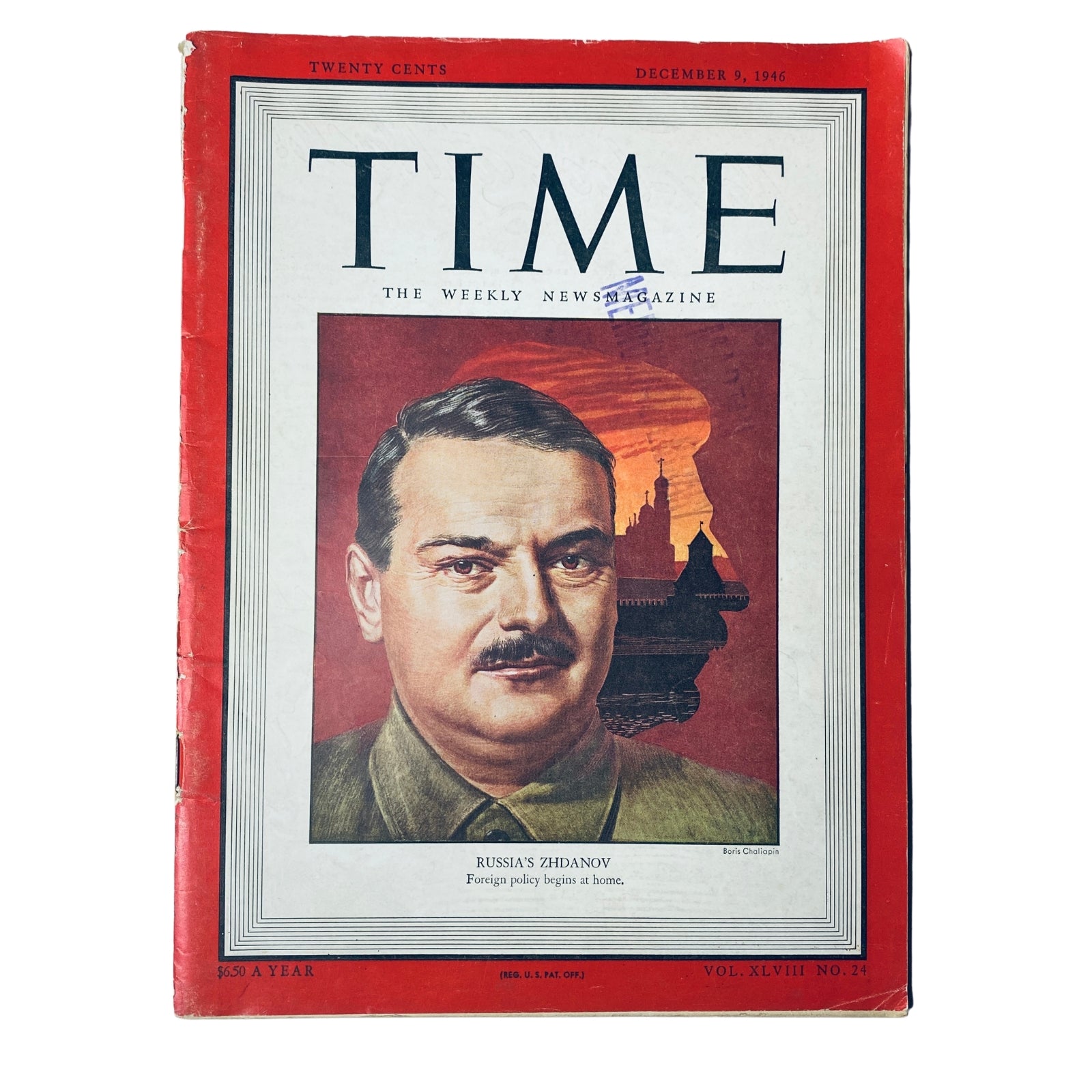 Time Magazine December 9, 1946, Vol 48, No 24 featuring Russia's Andrei Zhdanov on the cover, showcasing a portrait of Zhdanov against a backdrop of historical architecture.