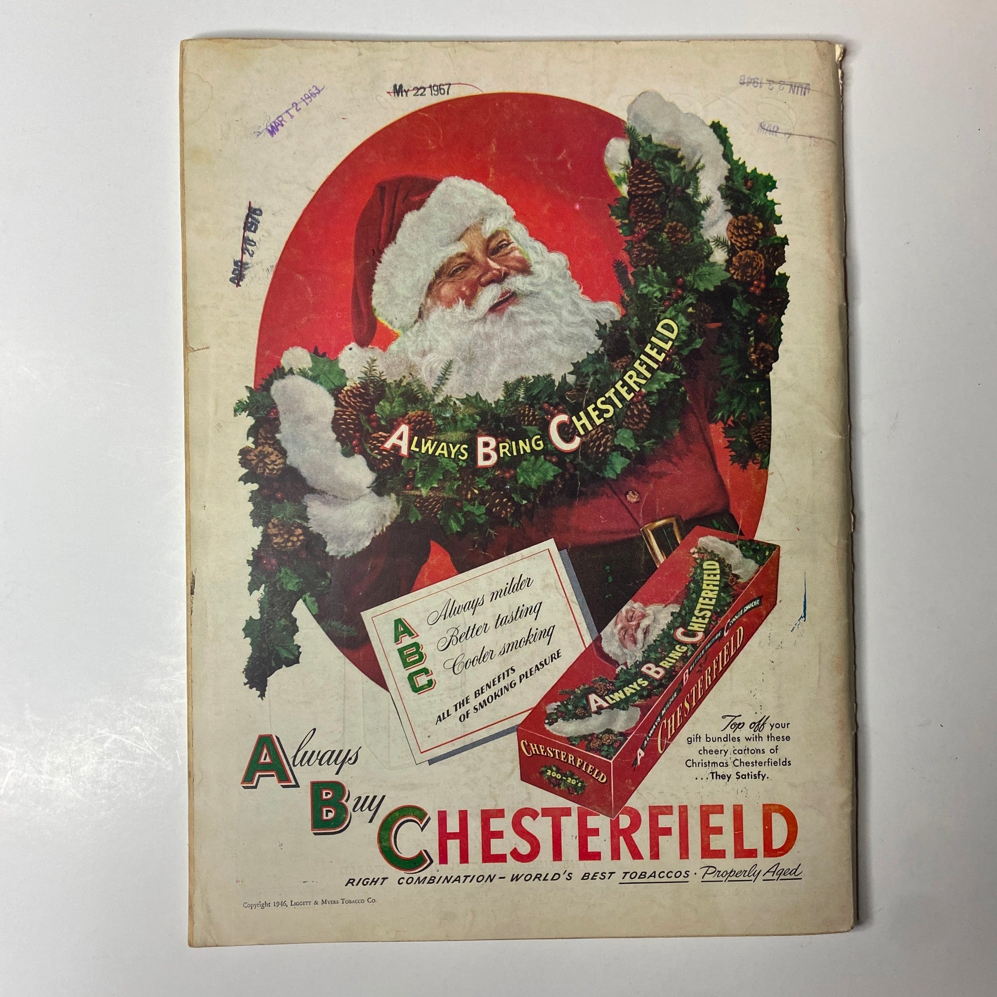 Vintage Time Magazine cover from December 2, 1946, featuring George Messersmith, a prominent U.S. diplomat, with a festive Santa Claus promoting Chesterfield cigarettes.