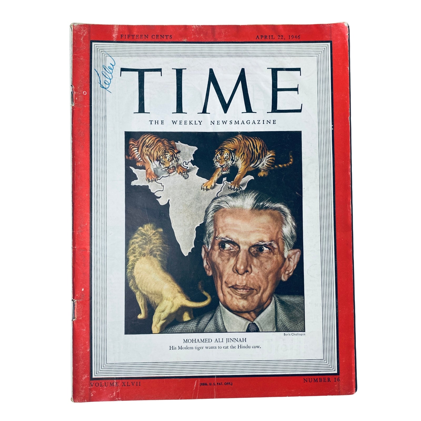 Time Magazine cover from April 22, 1946, featuring Muhammad Ali Jinnah, Vol 47 No 16.