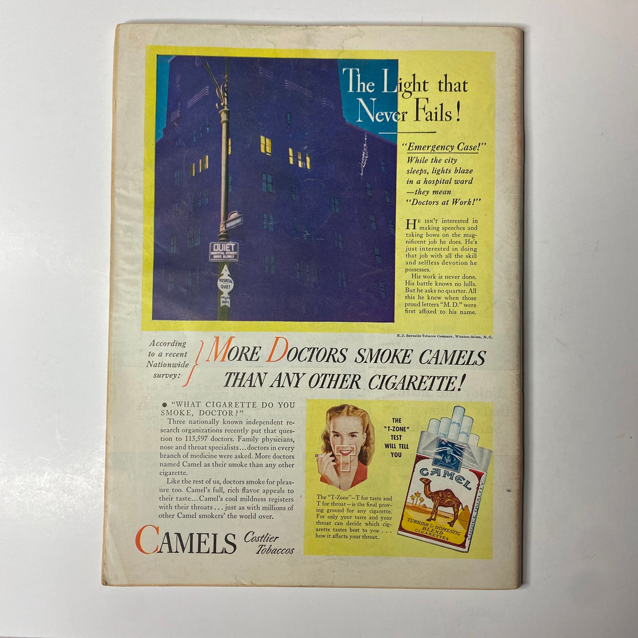 Back cover of Time Magazine April 29, 1946, Vol 47 No 17 featuring an advertisement for Camels cigarettes with a nighttime city scene and text promoting their popularity among doctors.