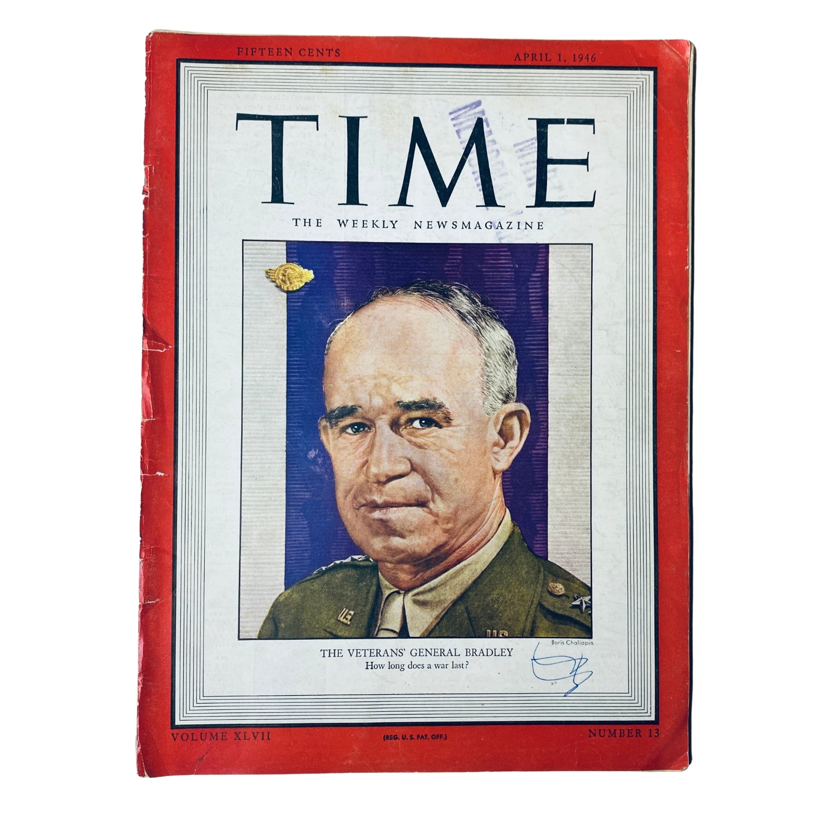 Time Magazine cover from April 1, 1946, featuring General Omar Bradley, highlighted as 'The Veteran's General' with the question 'How long does a war last?' showcasing the publication's vintage design.