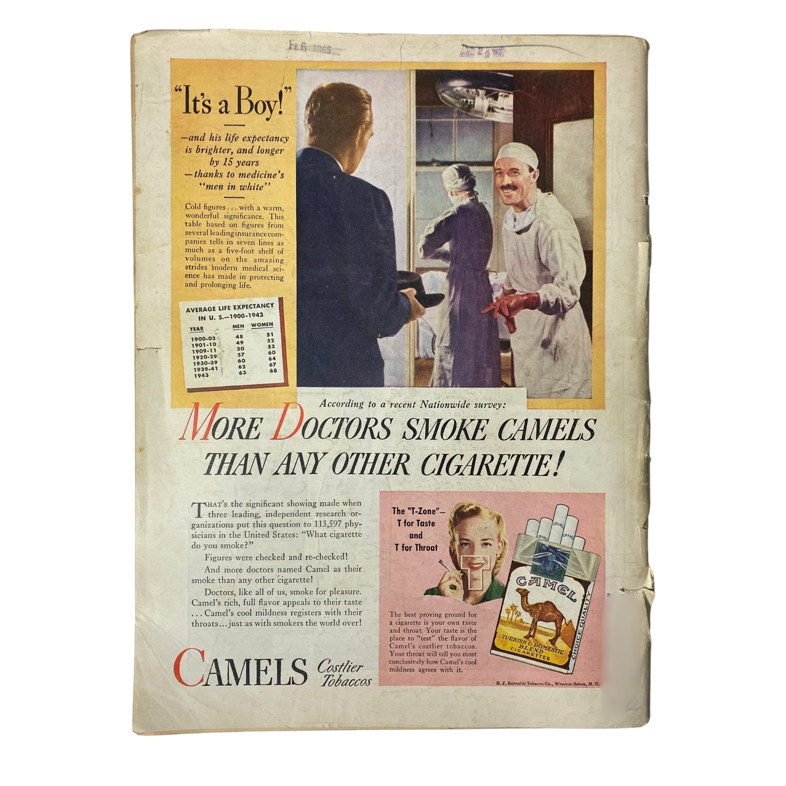 Back cover of a vintage magazine from the 1940s advertising Camel cigarettes, featuring a humorous illustration of doctors, promoting the message that 'More Doctors Smoke Camels than Any Other Cigarette!'