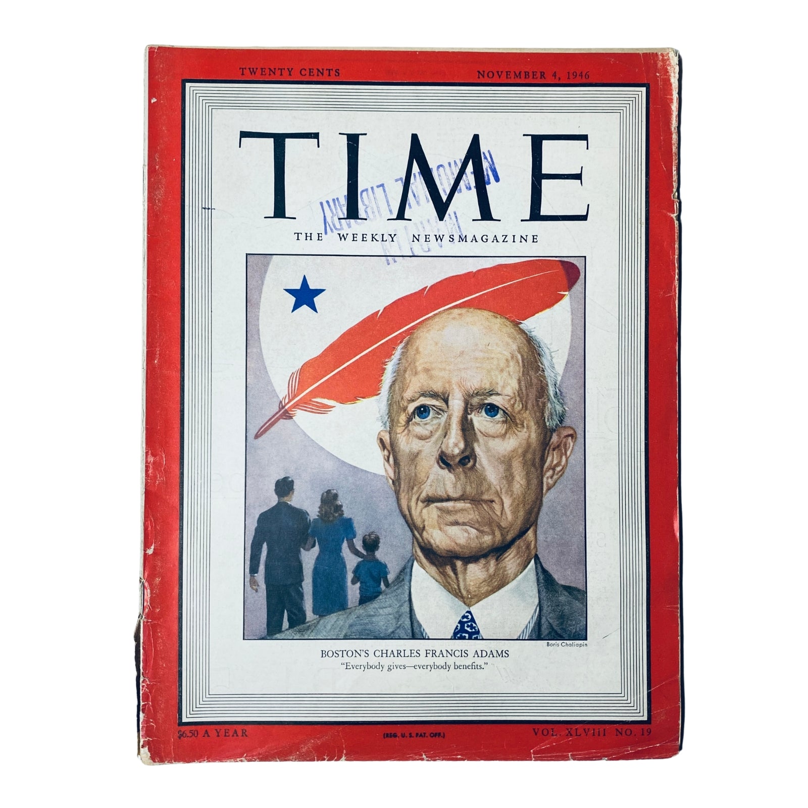 Cover of Time Magazine from November 4, 1946, Vol. 48, No. 19 featuring Charles Francis Adams III, highlighting his contributions and civic leadership with a portrait of him on the front.