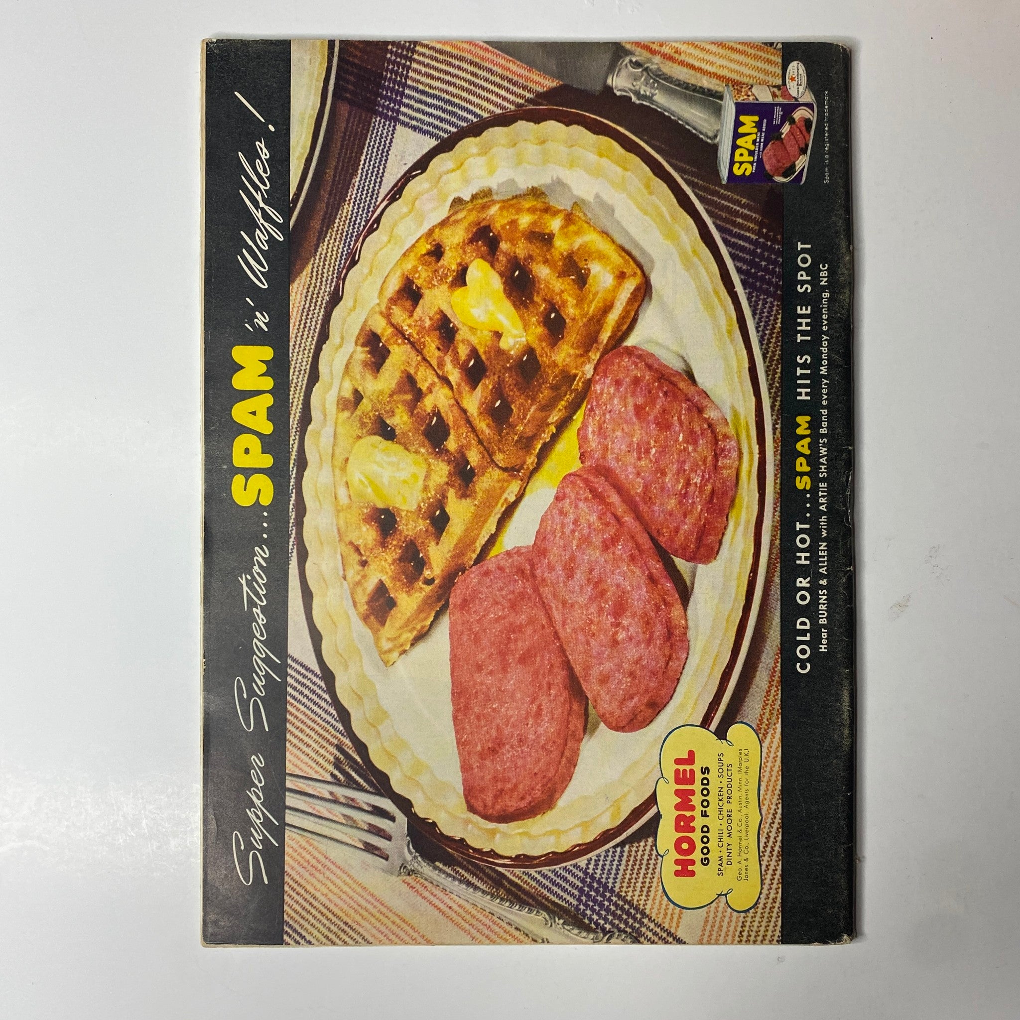 Vintage Hormel advertisement for Spam, suggesting its use with waffles, showcasing a plate with Spam and a waffle covered in butter.
