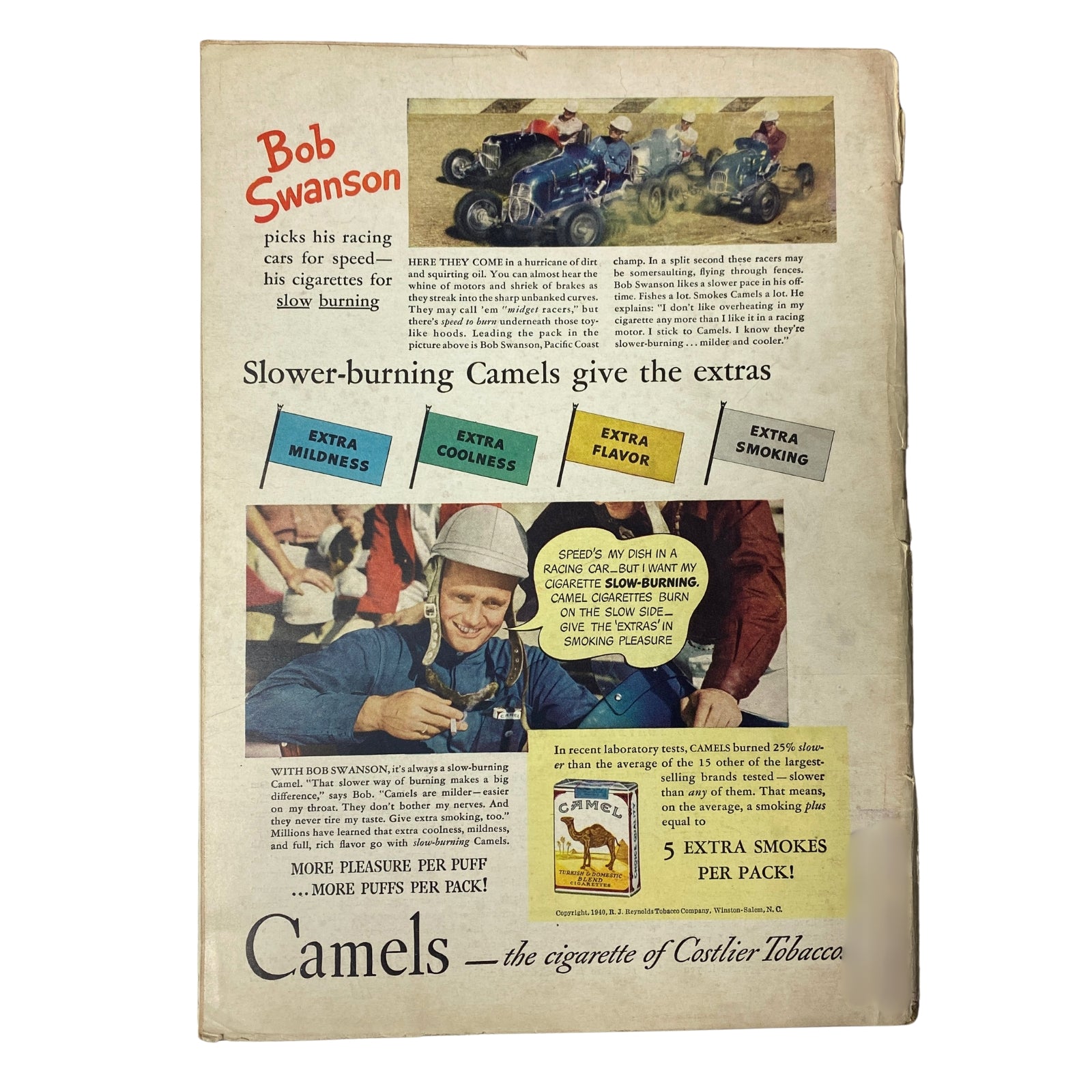 Back cover advertisement for Camels cigarettes featuring Bob Swanson, highlighting slow-burning cigarettes and their extra benefits.