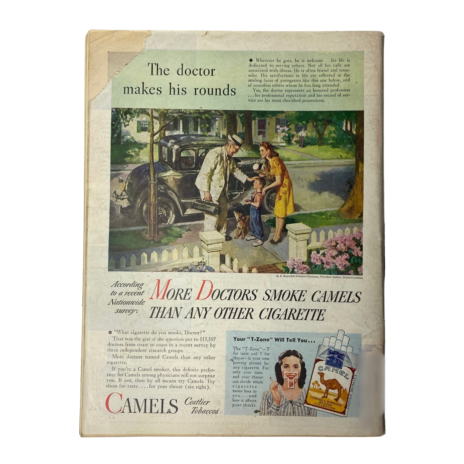 Back cover of a vintage magazine ad showing a doctor making house calls with a child and dog, advertising Camels cigarettes, reflecting mid-20th century advertising style.