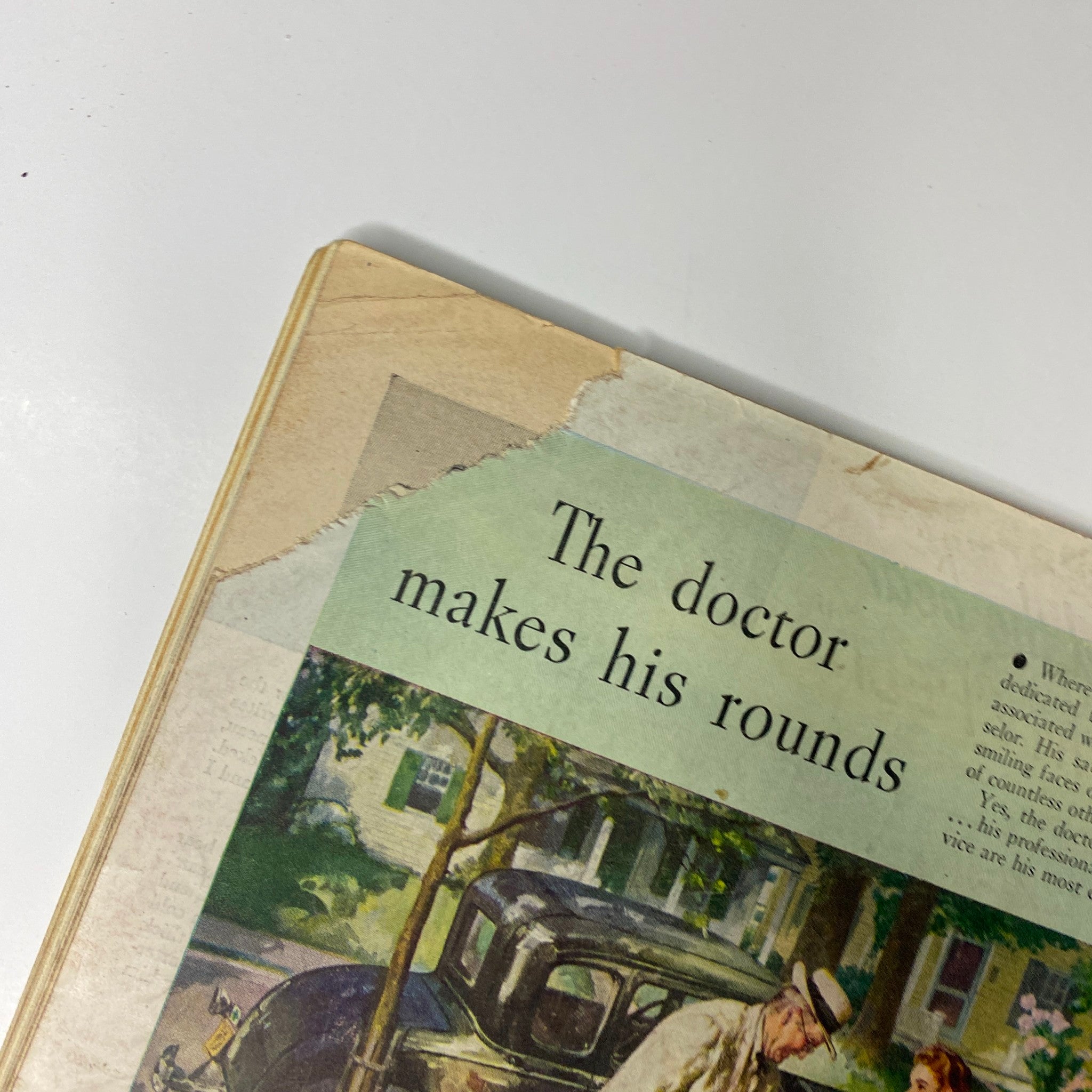 Close-up of the back cover of a vintage magazine, displaying an ad for Camels cigarettes titled 'The doctor makes his rounds,' showcasing an illustration of a doctor and a family.
