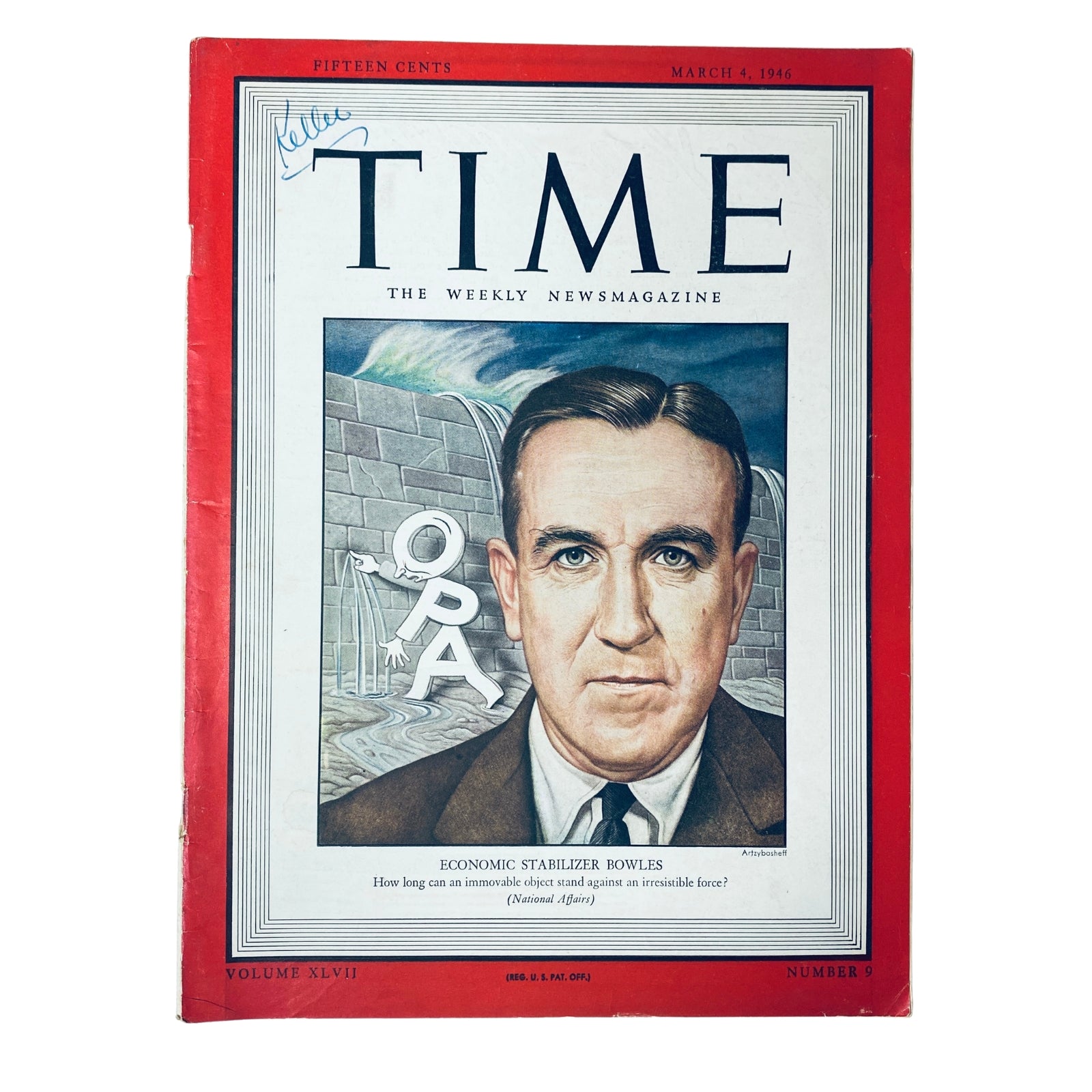 Cover of Time Magazine dated March 4, 1946, featuring Chester Bliss Bowles, Volume 47, Number 9, focusing on economic stabilization with bold artwork and headline.