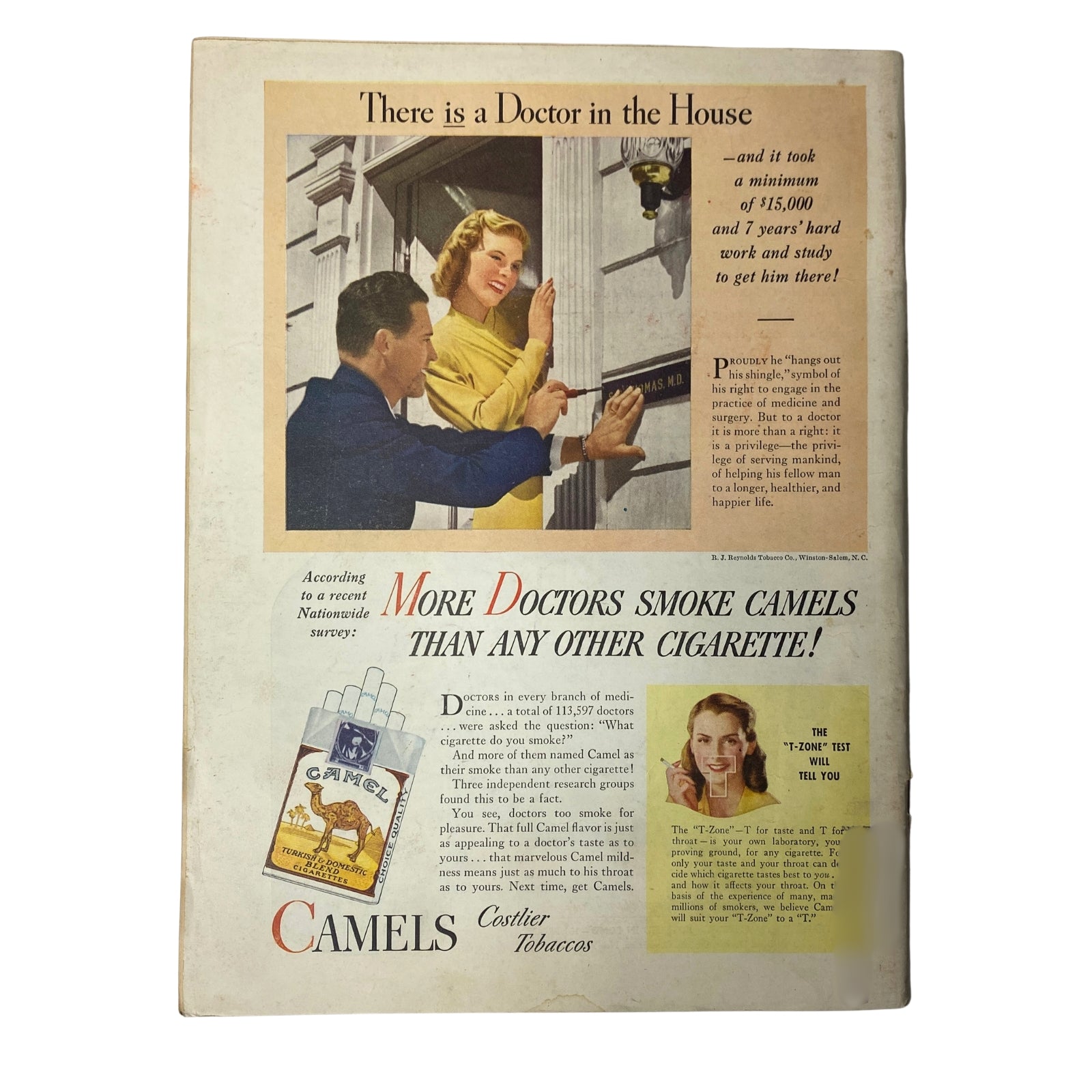 Back cover of Time Magazine from March 4, 1946, displaying an advertisement for Camel cigarettes featuring a doctor and highlighting that more doctors smoke Camels than any other cigarette.