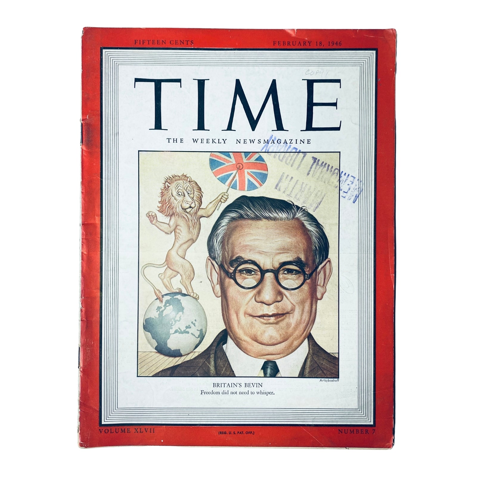 Time Magazine February 18, 1946 Vol 47 No 7 featuring Britain’s Foreign Secretary Ernest Bevin on the cover, illustrated with a global map and British flag.