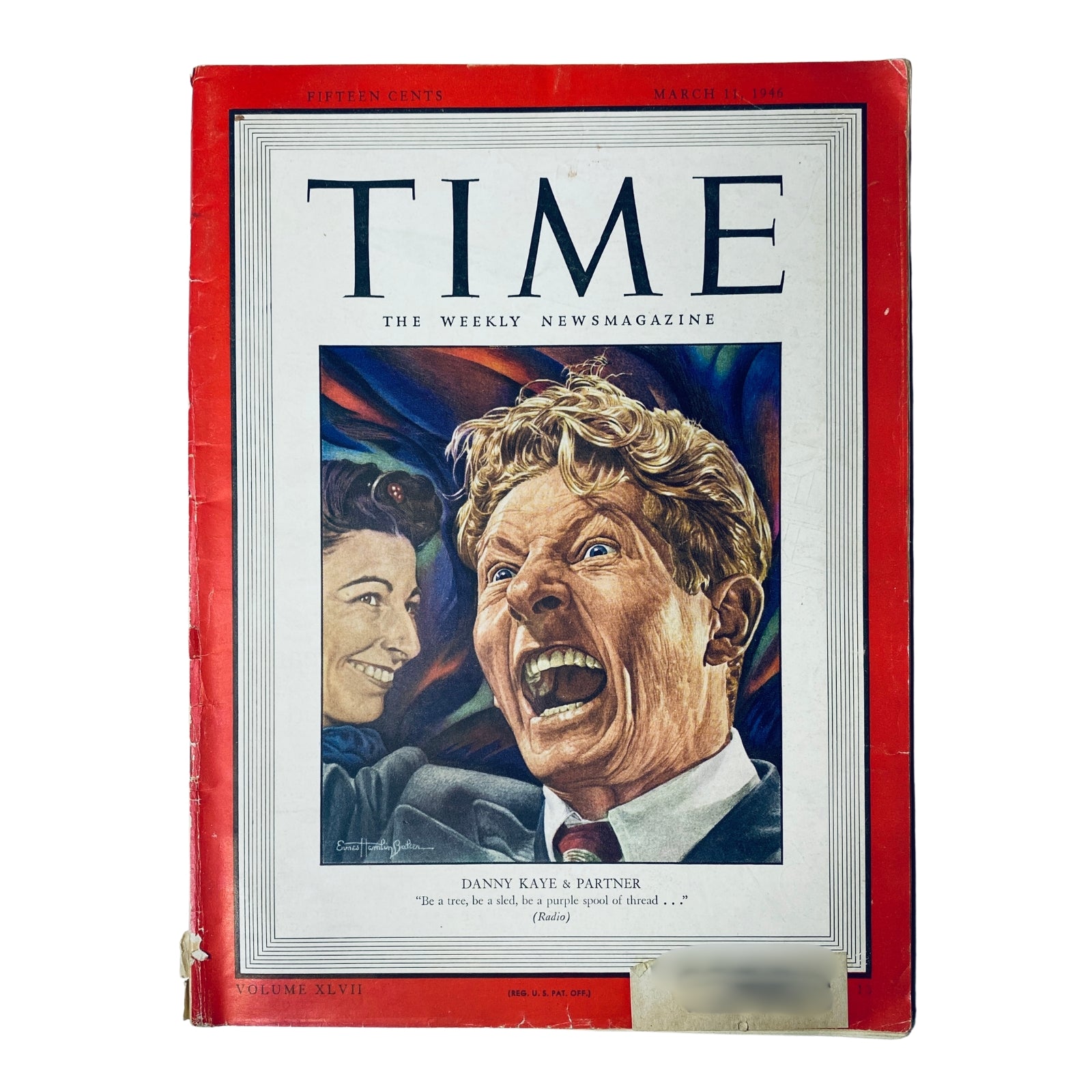 Cover of Time Magazine dated March 11, 1946, featuring Danny Kaye and his wife Sylvia Fine. The cover showcases an illustration of Kaye expressing animated excitement alongside Fine, with a colorful background, and includes the text 'Danny Kaye & Partner'.