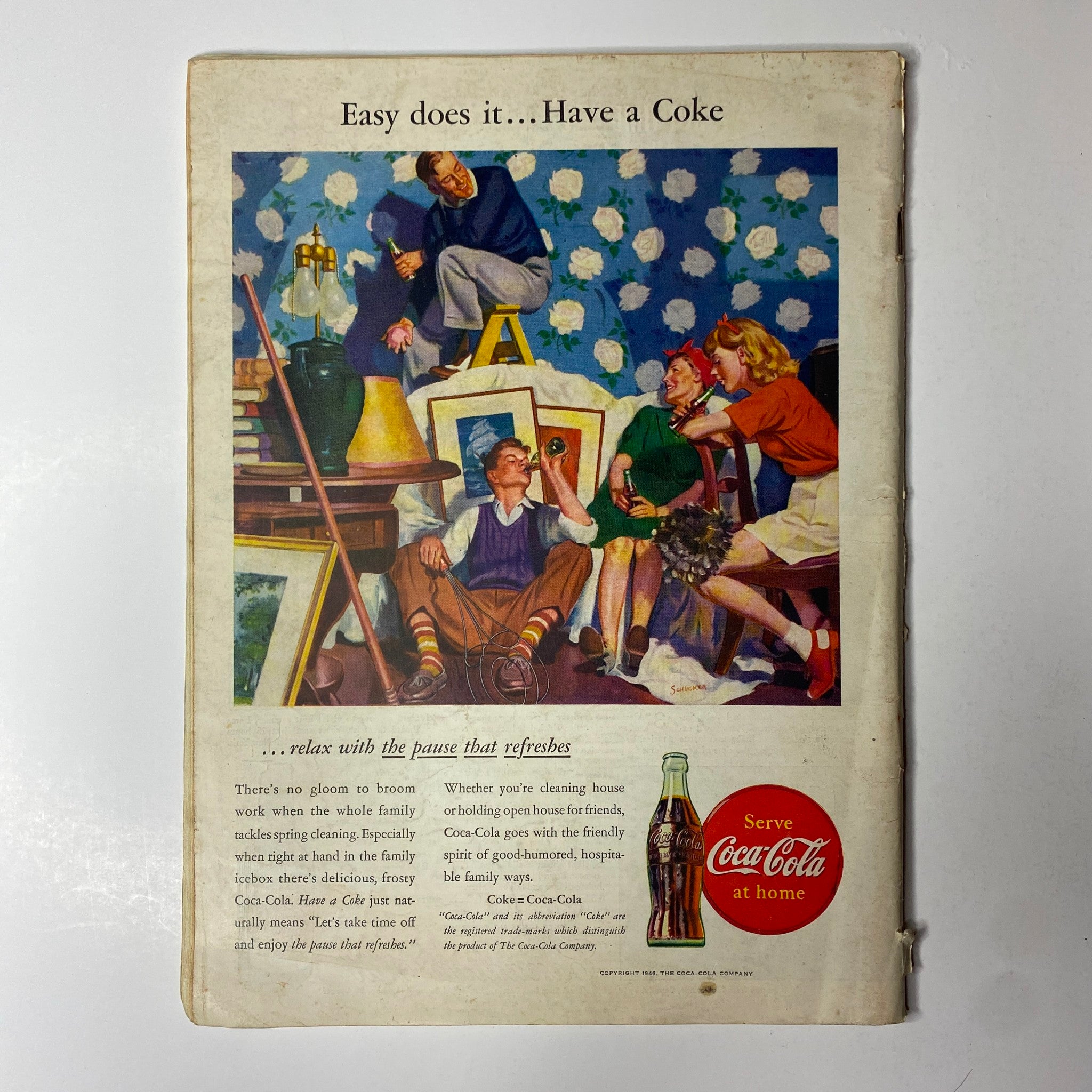Vintage advertisement illustration for Coca-Cola featuring a group of people relaxing and enjoying drinks. Title: Time Magazine March 11, 1946 Vol 47 No. 10 Danny Kaye and Sylvia Fine.