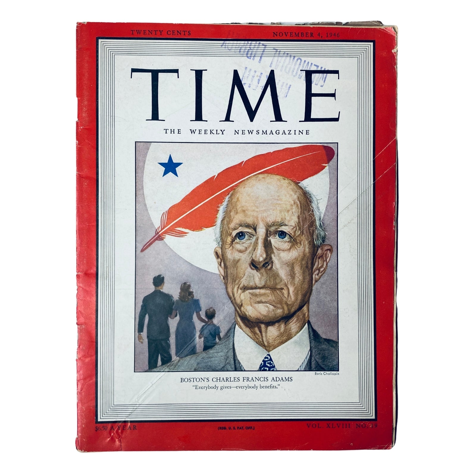 Time Magazine cover from November 4, 1946, featuring Charles Francis Adams III, former U.S. Secretary of the Navy, with a patriotic background and text highlighting his civic contributions.