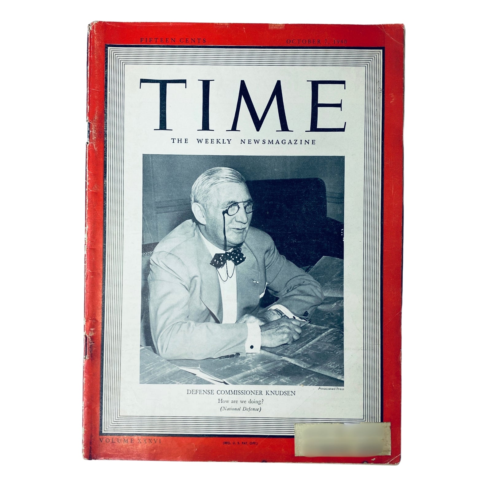 Time Magazine cover from October 7, 1940, Volume 36, No. 15 featuring William S. Knudsen, a prominent industrialist, with the headline 'Defense Commissioner Knudsen'.