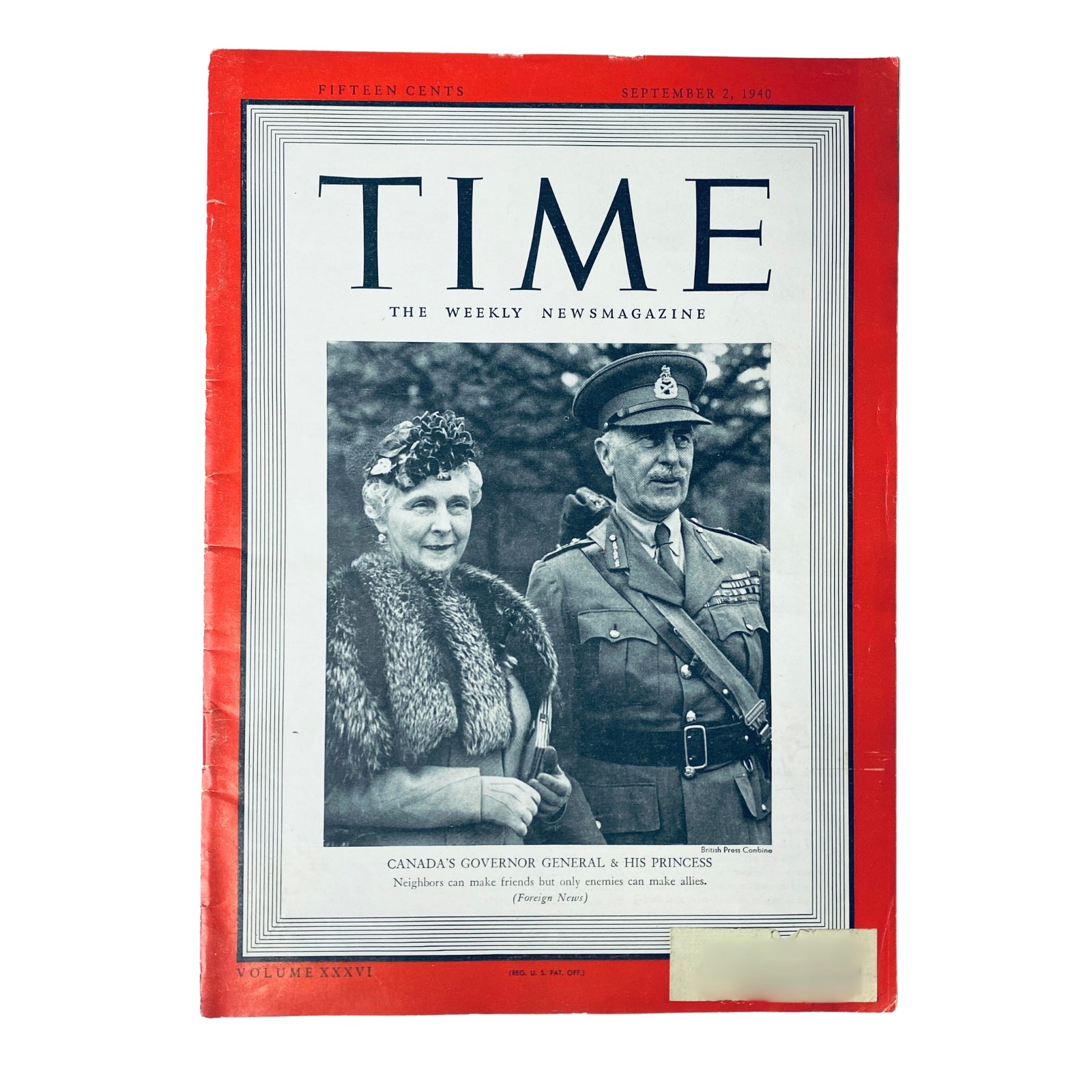 Cover of Time Magazine from September 2, 1940, Vol. 36 No. 10 featuring the Earl of Athlone and Princess Alice, highlighting their roles during World War II in Canada.