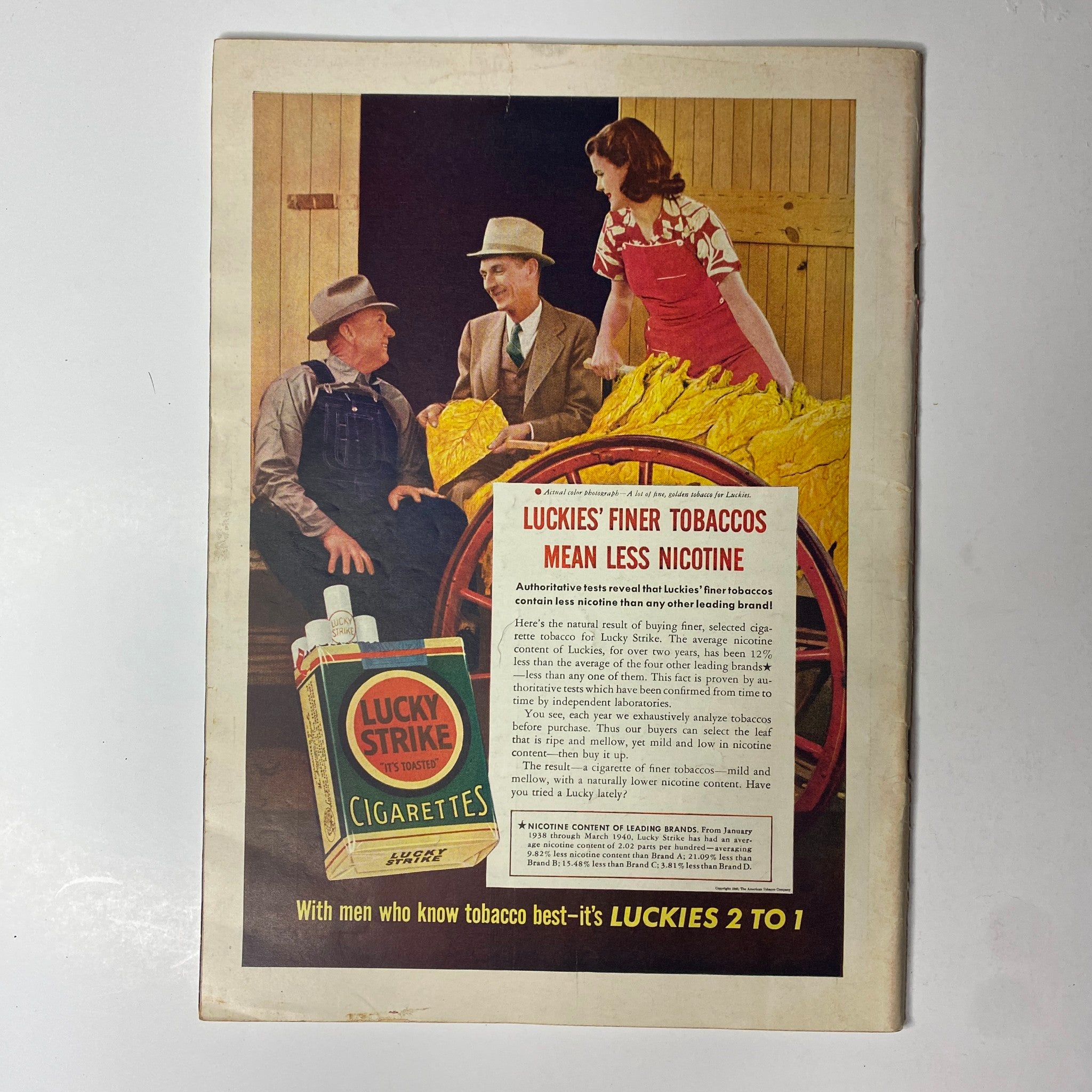 Vintage advertisement for Lucky Strike cigarettes in an issue of Time Magazine, showcasing a conversation among men and a woman with a Lucky Strike pack, promoting lower nicotine content.